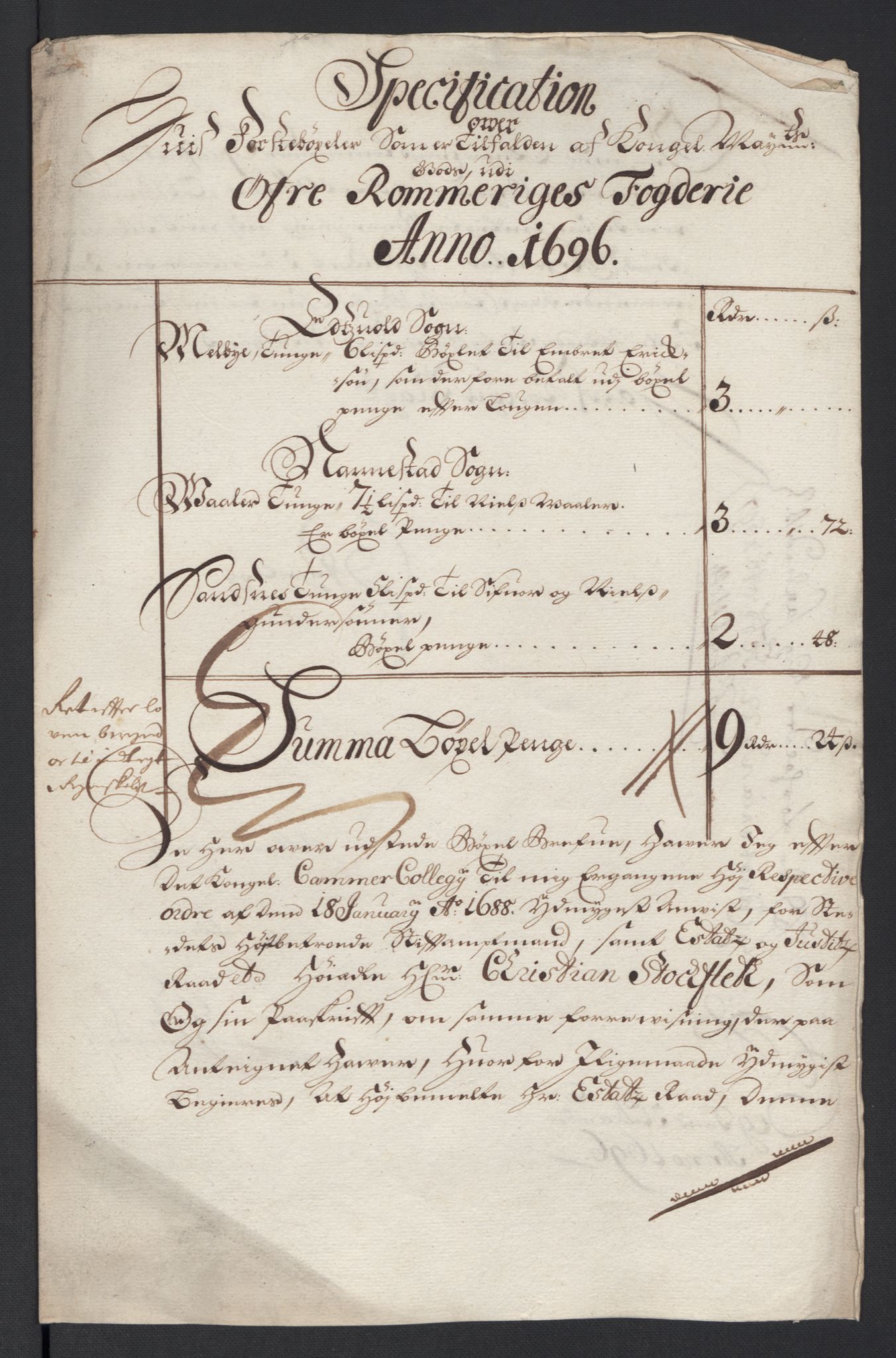 Rentekammeret inntil 1814, Reviderte regnskaper, Fogderegnskap, RA/EA-4092/R12/L0708: Fogderegnskap Øvre Romerike, 1696, p. 23