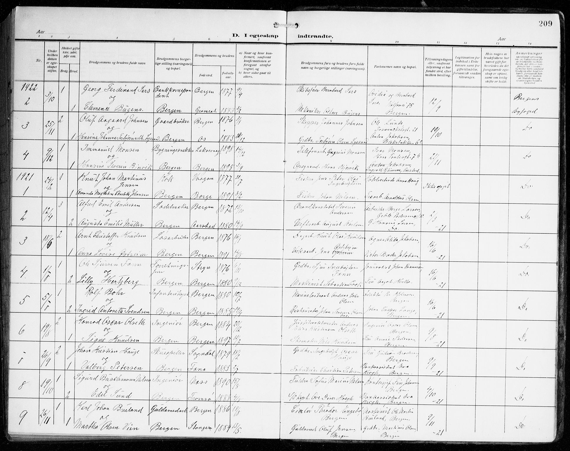 Johanneskirken sokneprestembete, SAB/A-76001/H/Haa/L0013: Parish register (official) no. D 2, 1912-1929, p. 209