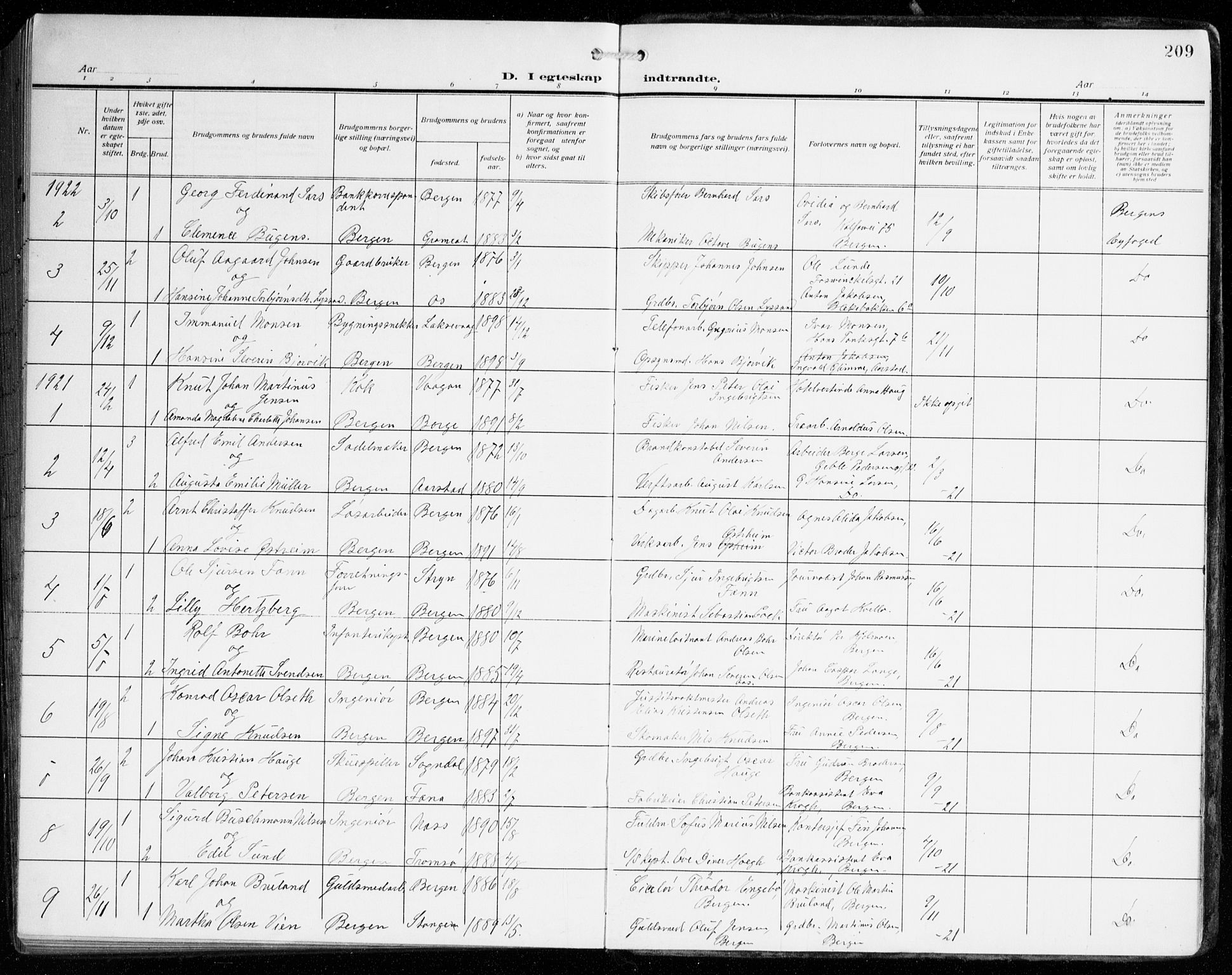 Johanneskirken sokneprestembete, AV/SAB-A-76001/H/Haa/L0013: Parish register (official) no. D 2, 1912-1929, p. 209