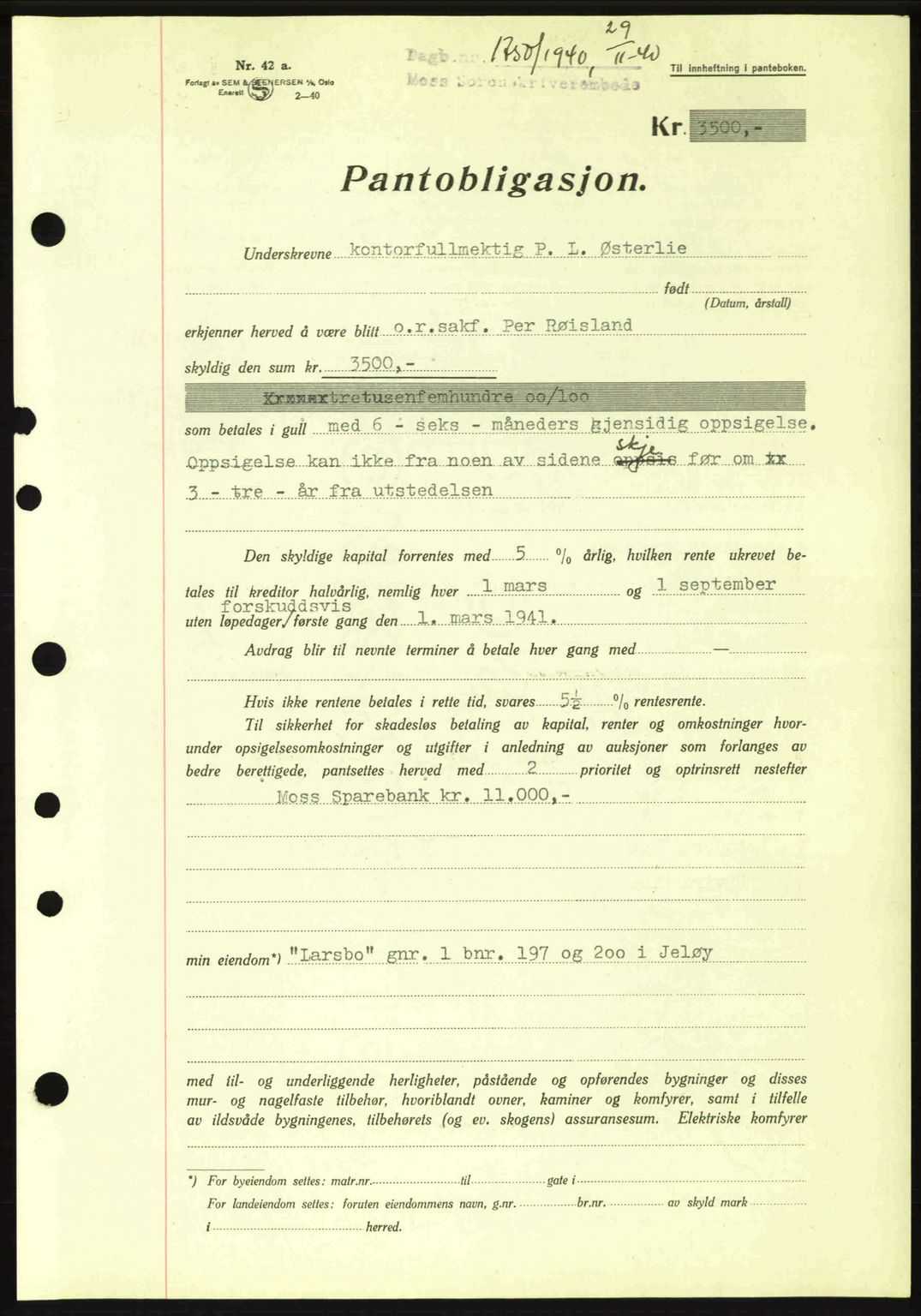 Moss sorenskriveri, SAO/A-10168: Mortgage book no. B10, 1940-1941, Diary no: : 1750/1940