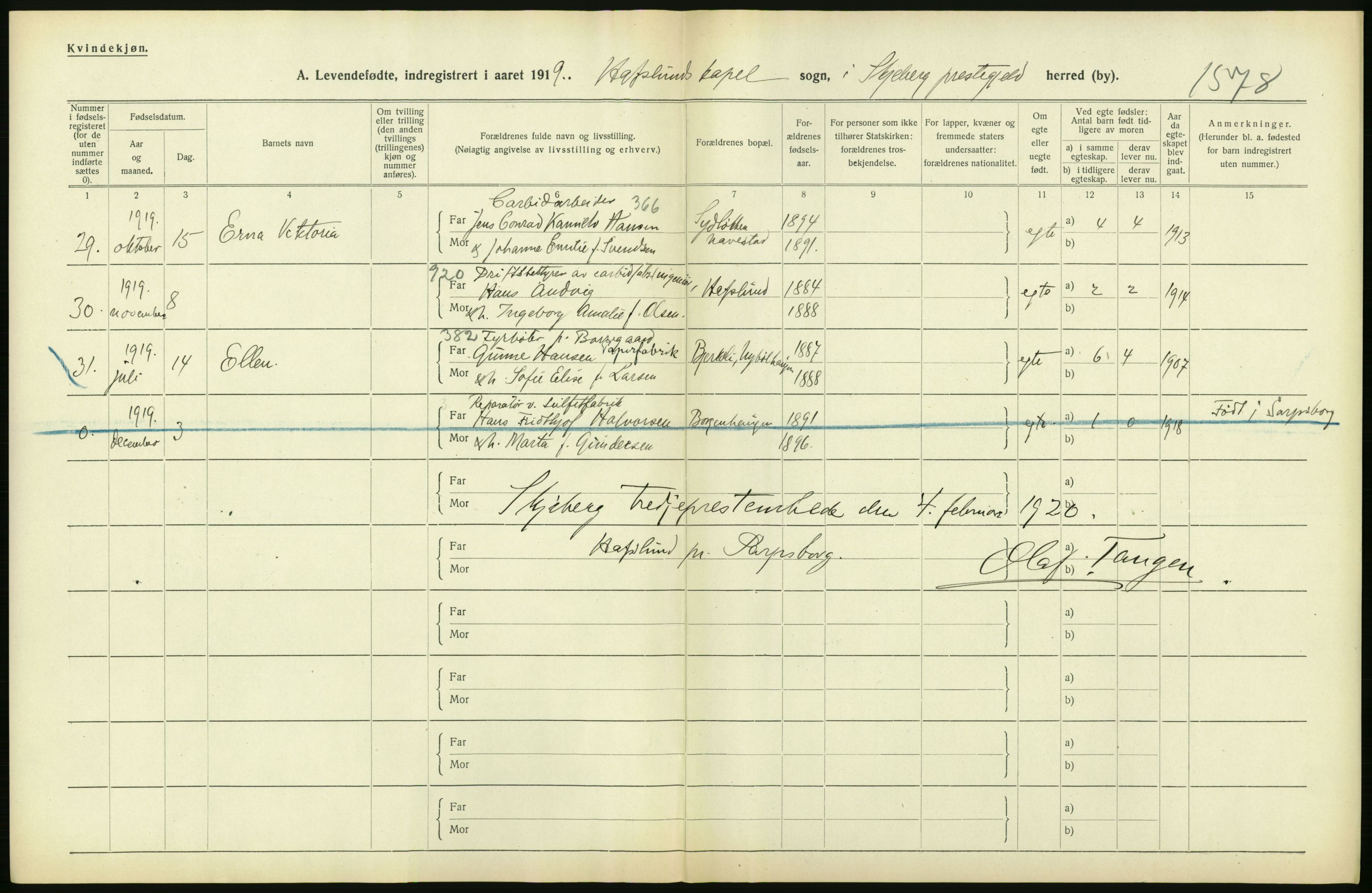 Statistisk sentralbyrå, Sosiodemografiske emner, Befolkning, RA/S-2228/D/Df/Dfb/Dfbi/L0001: Østfold fylke: Levendefødte menn og kvinner. Bygder., 1919, p. 100