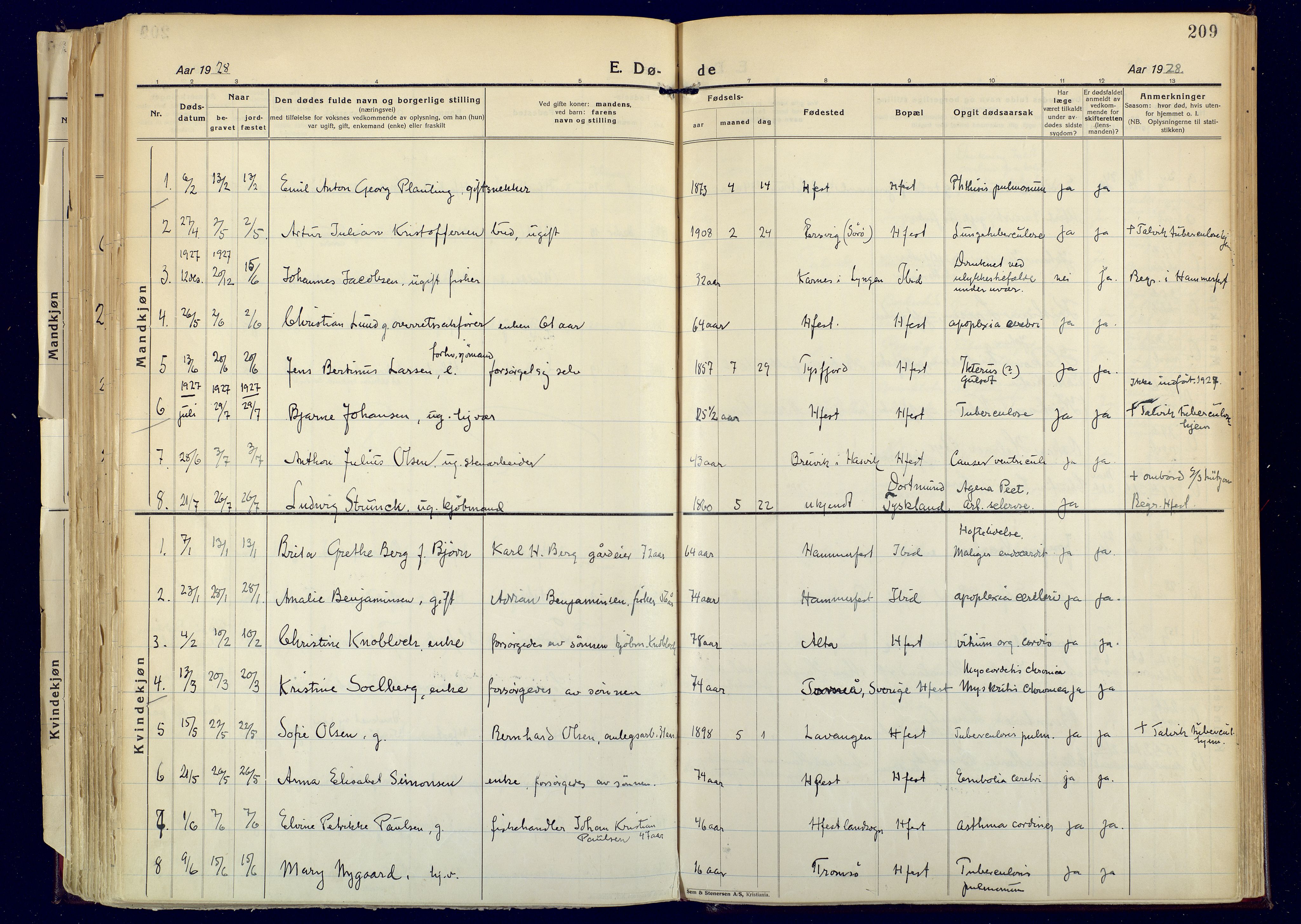 Hammerfest sokneprestkontor, AV/SATØ-S-1347/H/Ha/L0017.kirke: Parish register (official) no. 17, 1923-1933, p. 209