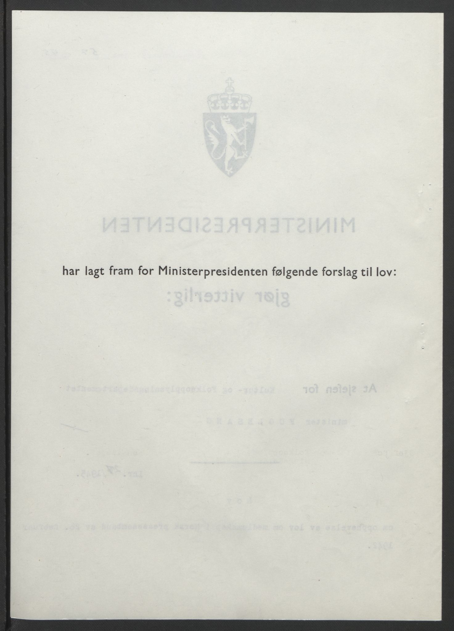 NS-administrasjonen 1940-1945 (Statsrådsekretariatet, de kommisariske statsråder mm), AV/RA-S-4279/D/Db/L0101/0001: -- / Lover og vedtak, 1945, p. 112