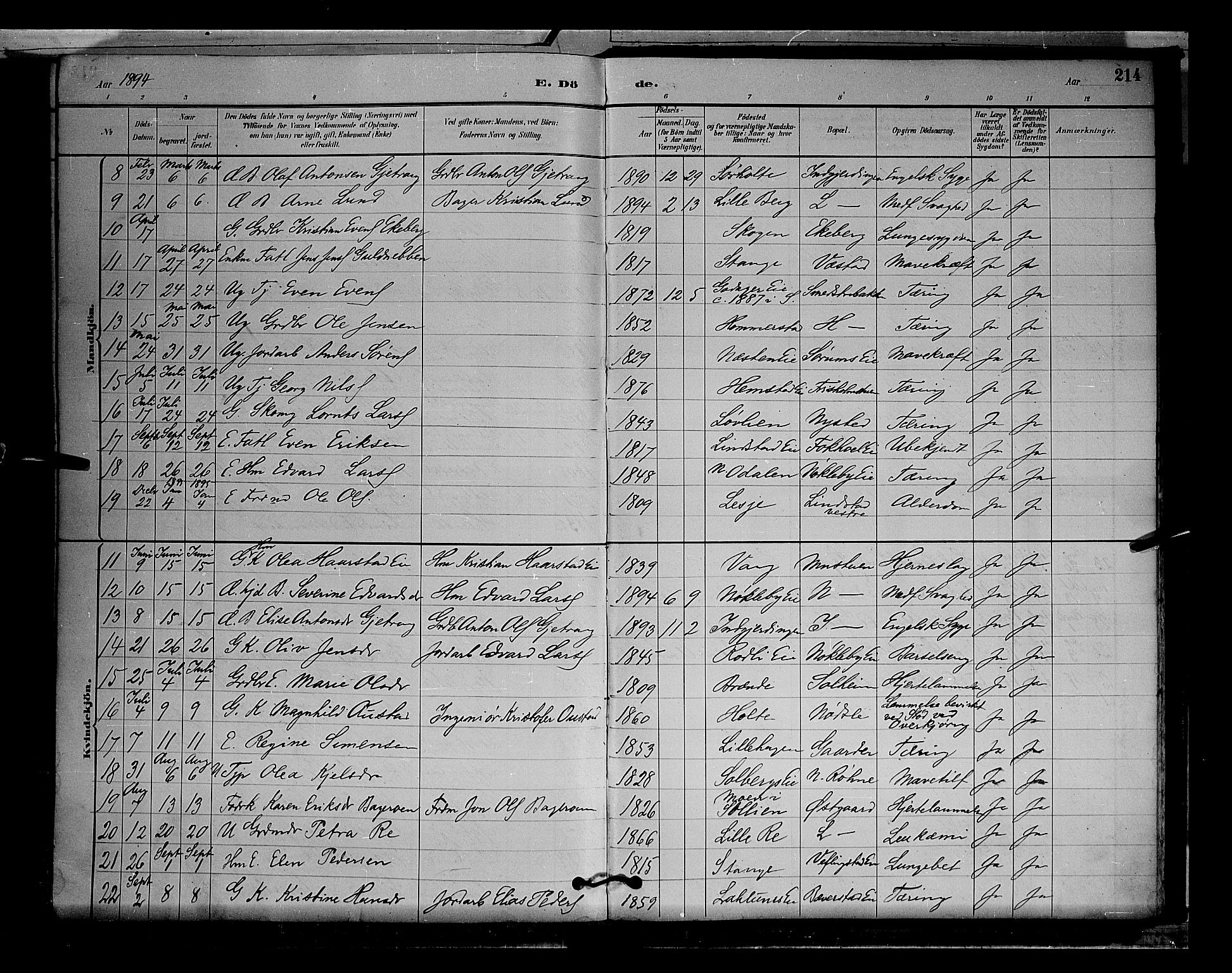 Stange prestekontor, AV/SAH-PREST-002/L/L0009: Parish register (copy) no. 9, 1883-1899, p. 214