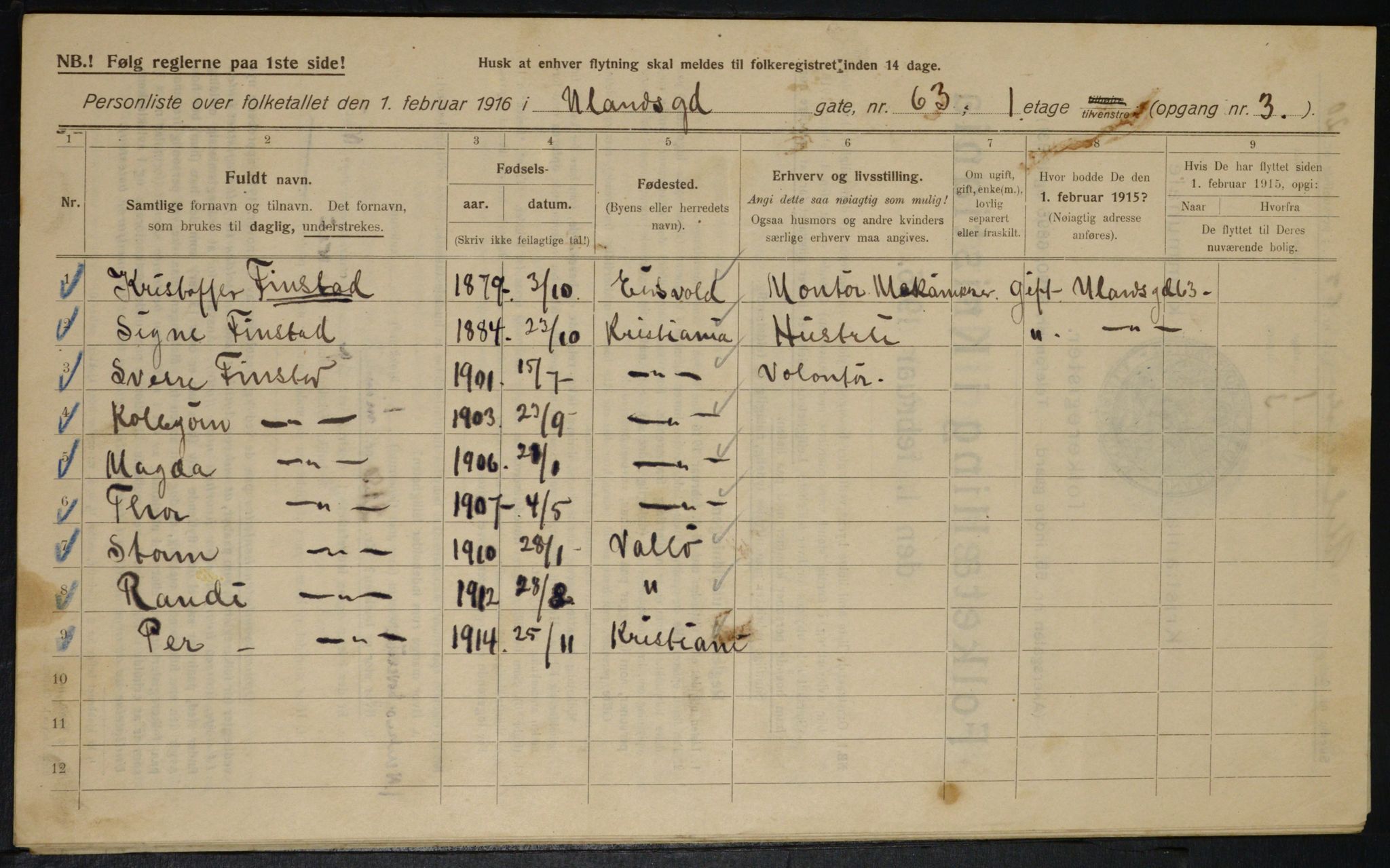 OBA, Municipal Census 1916 for Kristiania, 1916, p. 122125