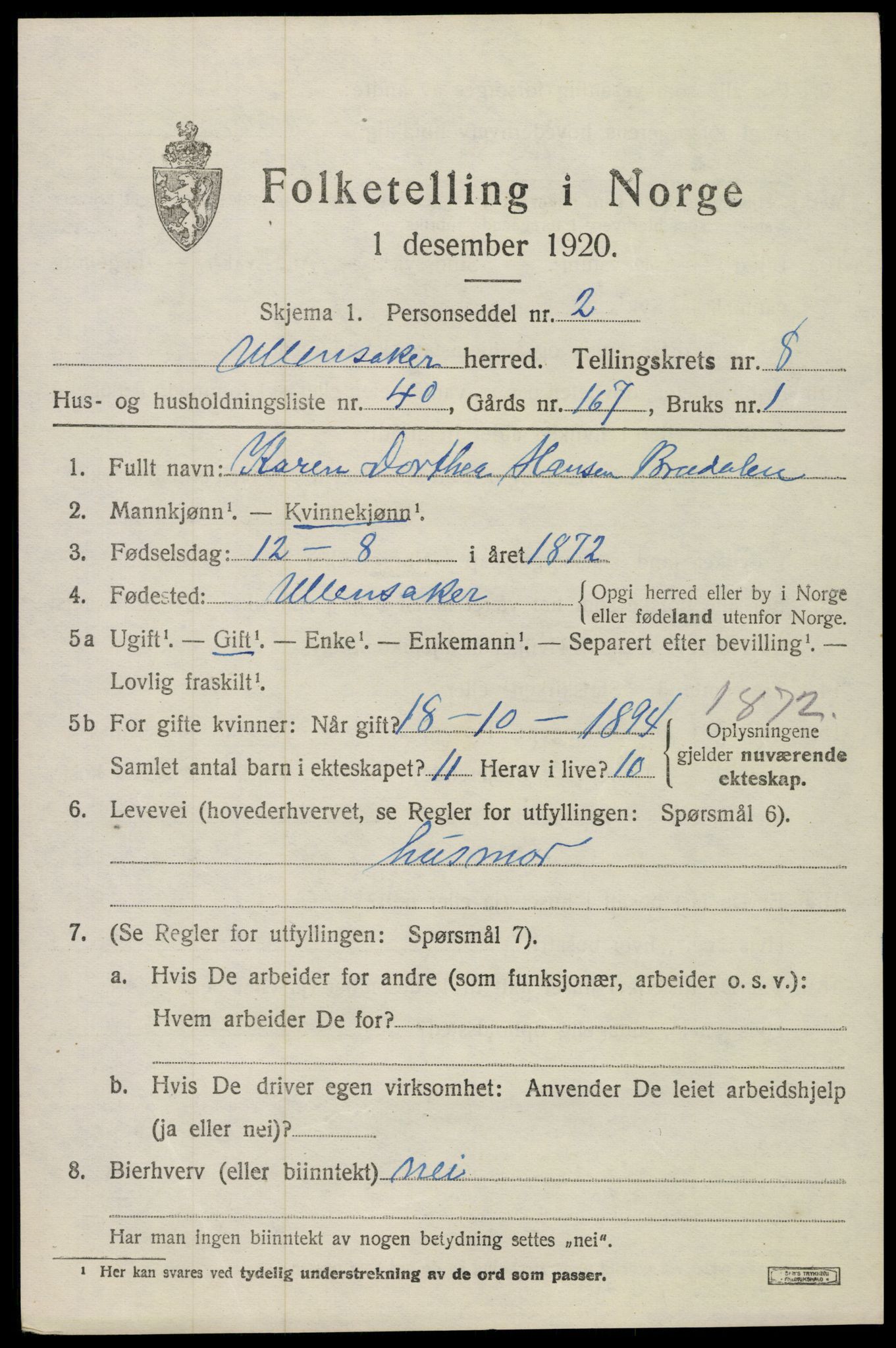 SAO, 1920 census for Ullensaker, 1920, p. 14627