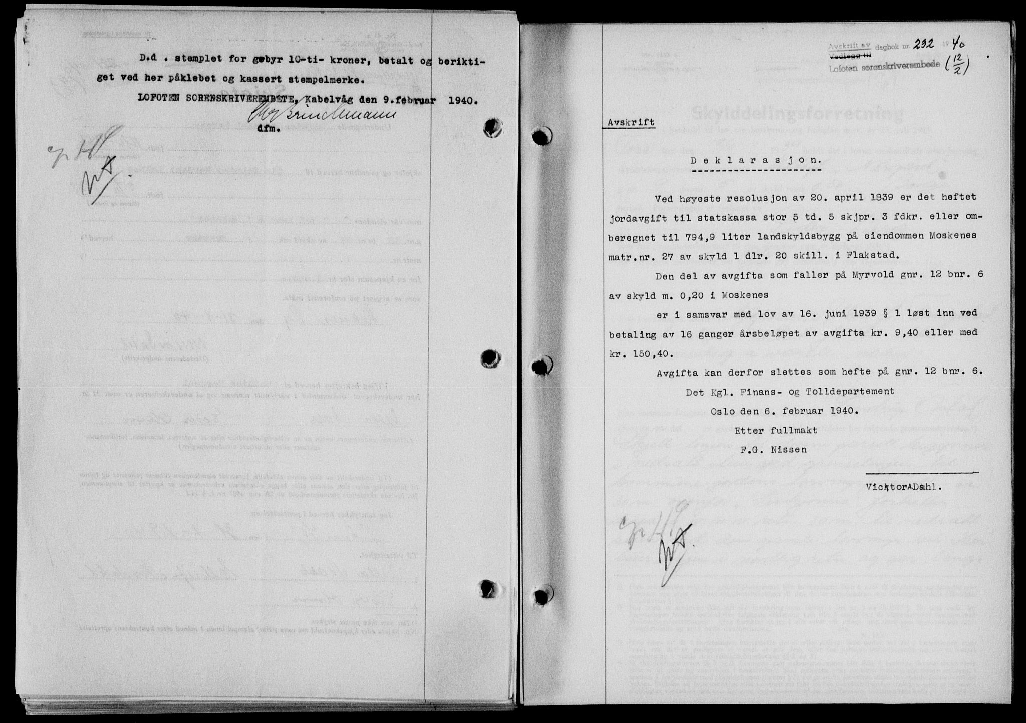 Lofoten sorenskriveri, SAT/A-0017/1/2/2C/L0007a: Mortgage book no. 7a, 1939-1940, Diary no: : 232/1940