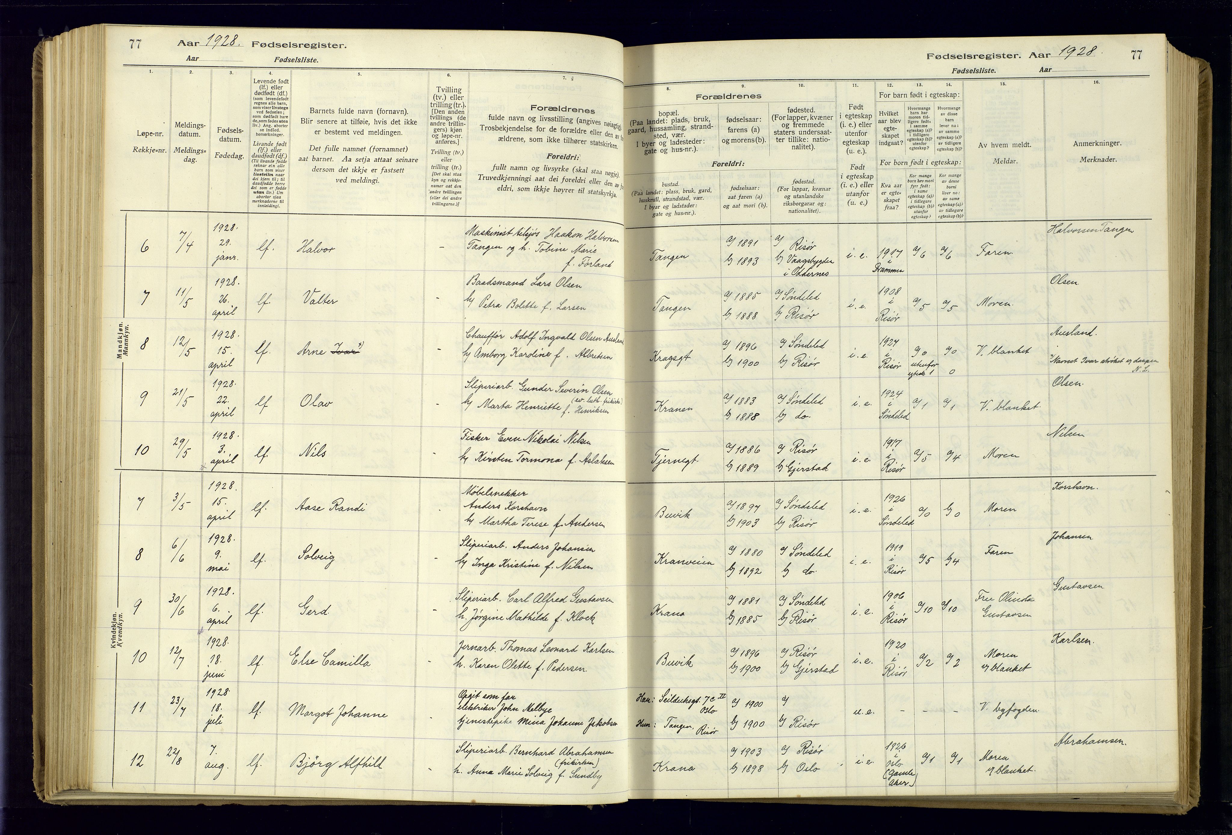 Risør sokneprestkontor, AV/SAK-1111-0035/J/Ja/L0001: Birth register no. A-VI-13, 1916-1947, p. 77