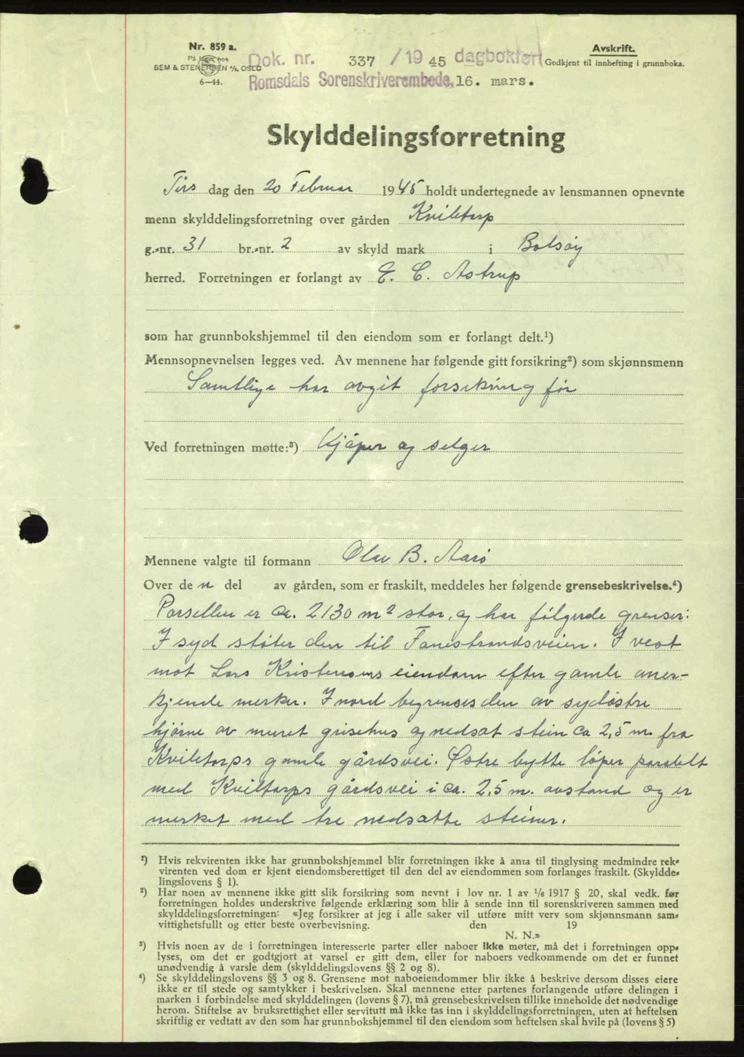 Romsdal sorenskriveri, AV/SAT-A-4149/1/2/2C: Mortgage book no. A17, 1944-1945, Diary no: : 337/1945