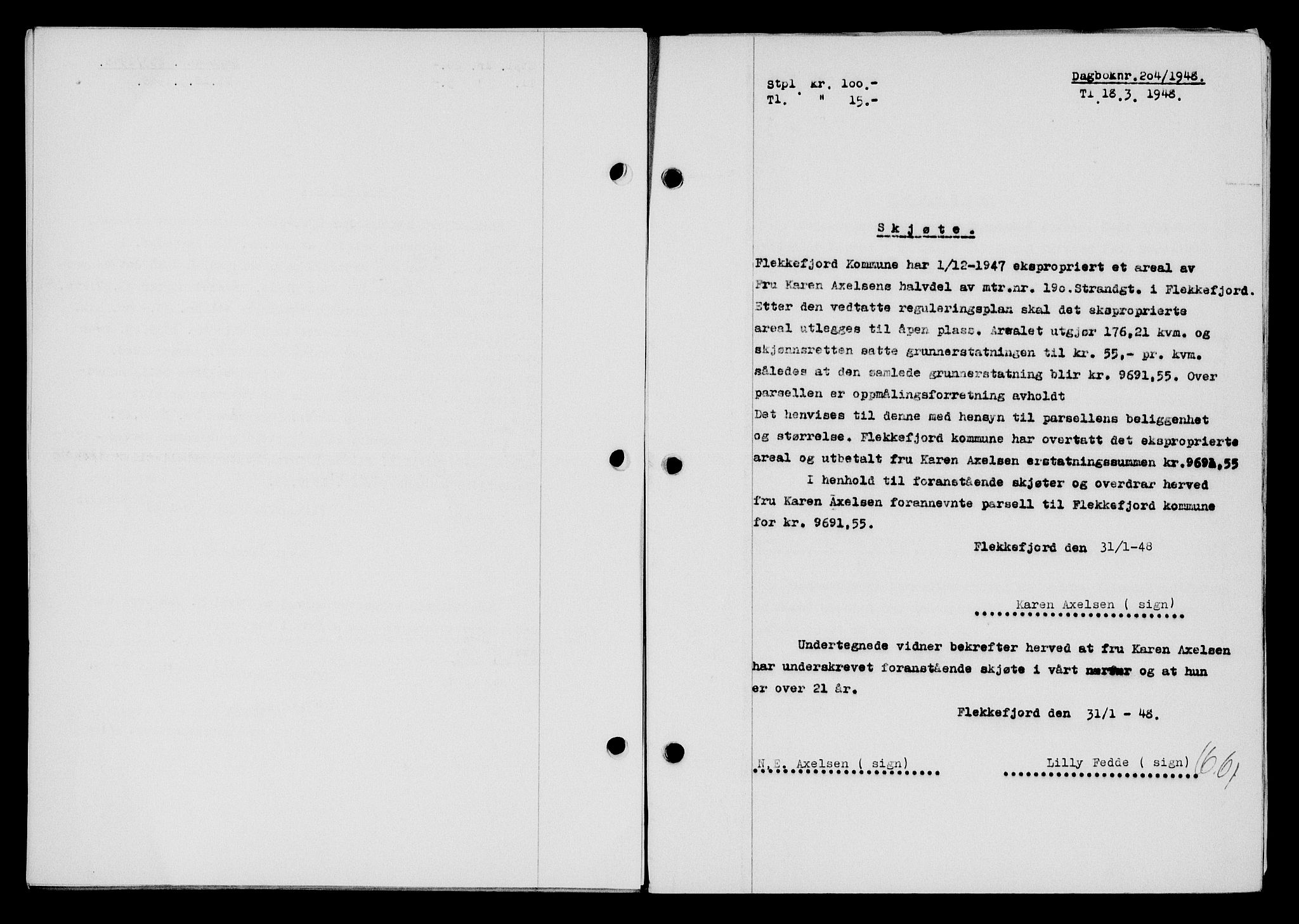 Flekkefjord sorenskriveri, SAK/1221-0001/G/Gb/Gba/L0063: Mortgage book no. A-11, 1947-1948, Diary no: : 204/1948