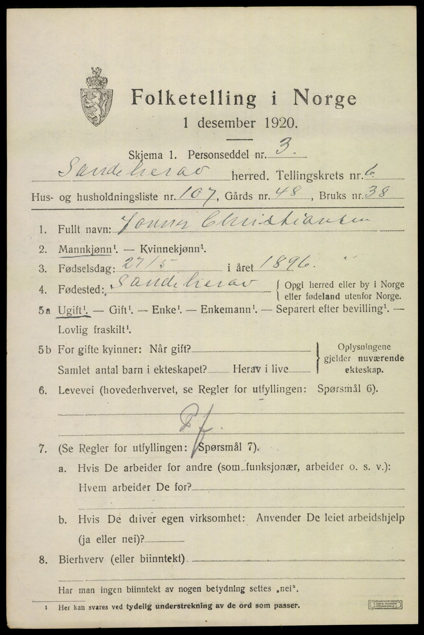 SAKO, 1920 census for Sandeherred, 1920, p. 11036