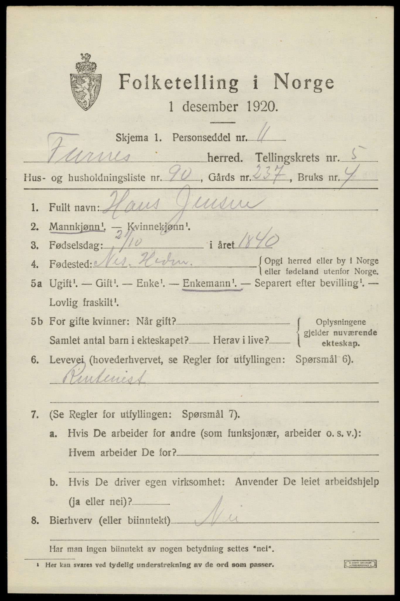 SAH, 1920 census for Furnes, 1920, p. 8147