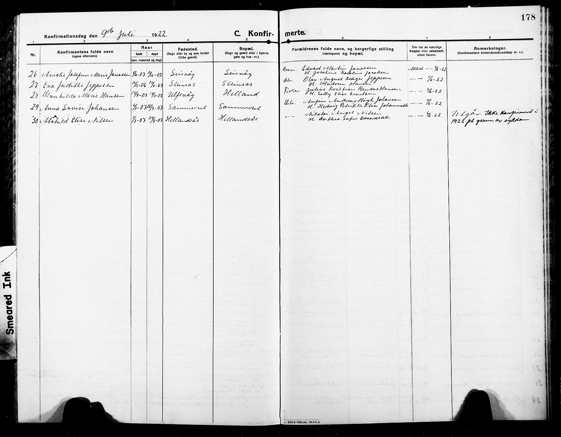 Ministerialprotokoller, klokkerbøker og fødselsregistre - Nordland, AV/SAT-A-1459/859/L0861: Parish register (copy) no. 859C07, 1910-1925, p. 178