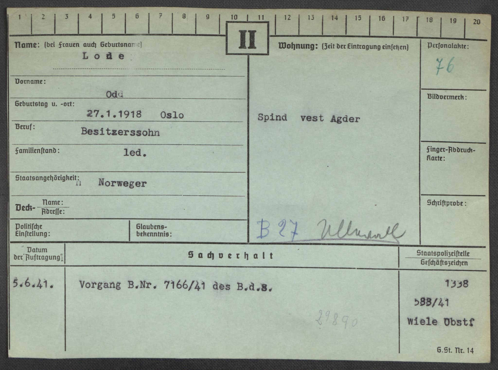 Befehlshaber der Sicherheitspolizei und des SD, AV/RA-RAFA-5969/E/Ea/Eaa/L0006: Register over norske fanger i Møllergata 19: Kj-Lund, 1940-1945, p. 1205