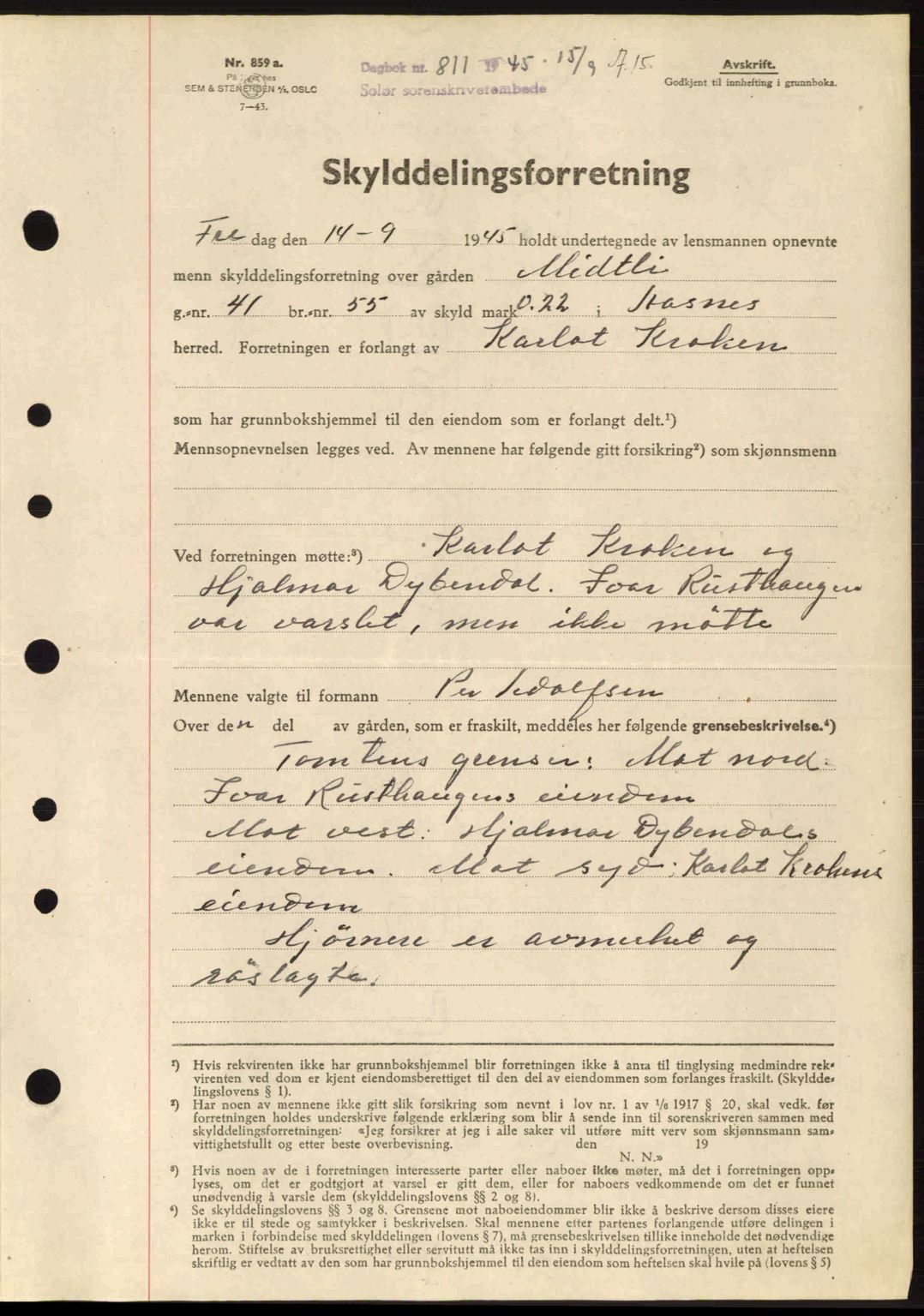 Solør tingrett, AV/SAH-TING-008/H/Hb/Hbb/L0015: Mortgage book no. A15, 1944-1945, Diary no: : 811/1945