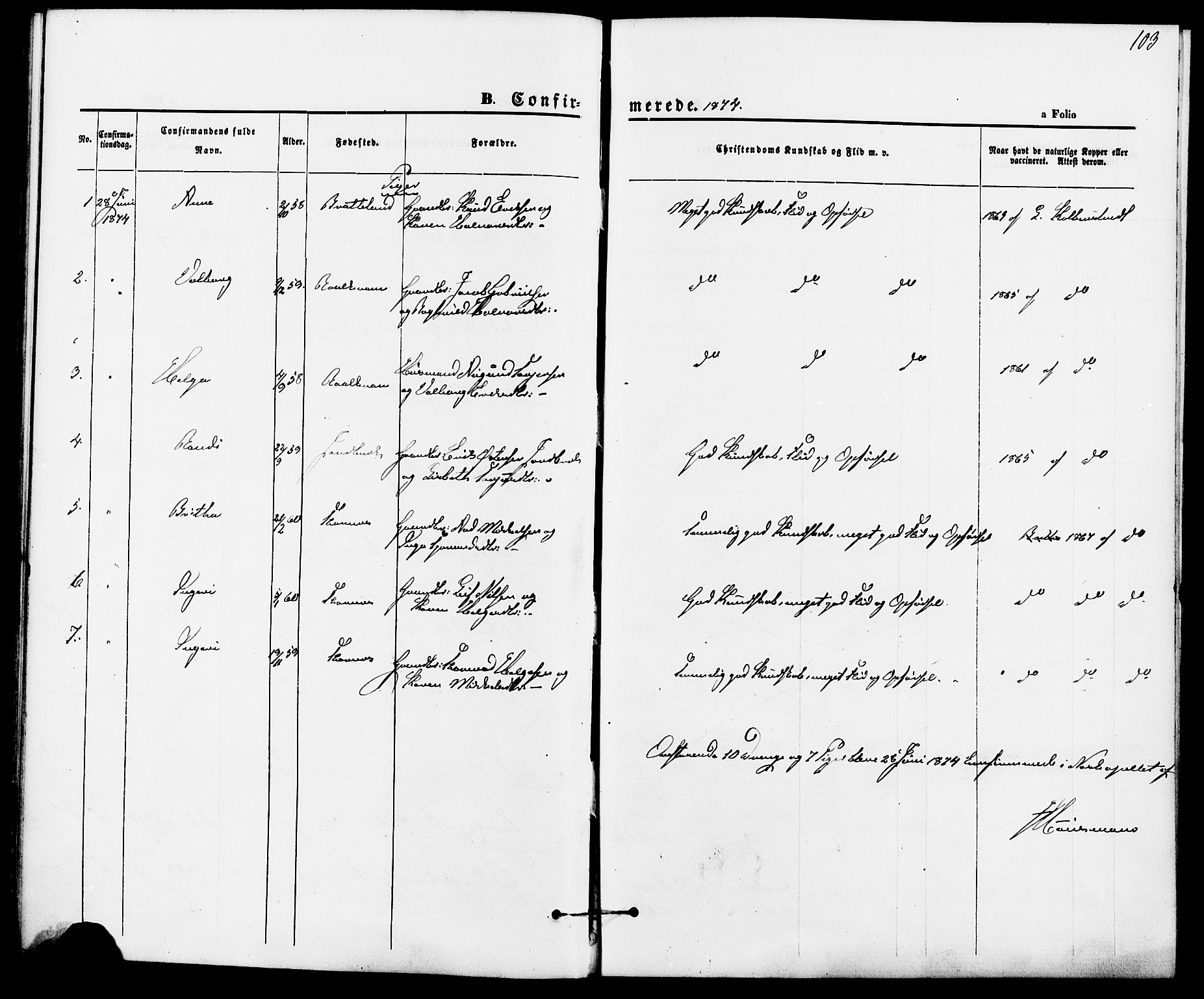 Suldal sokneprestkontor, AV/SAST-A-101845/01/IV/L0010: Parish register (official) no. A 10, 1869-1878, p. 103