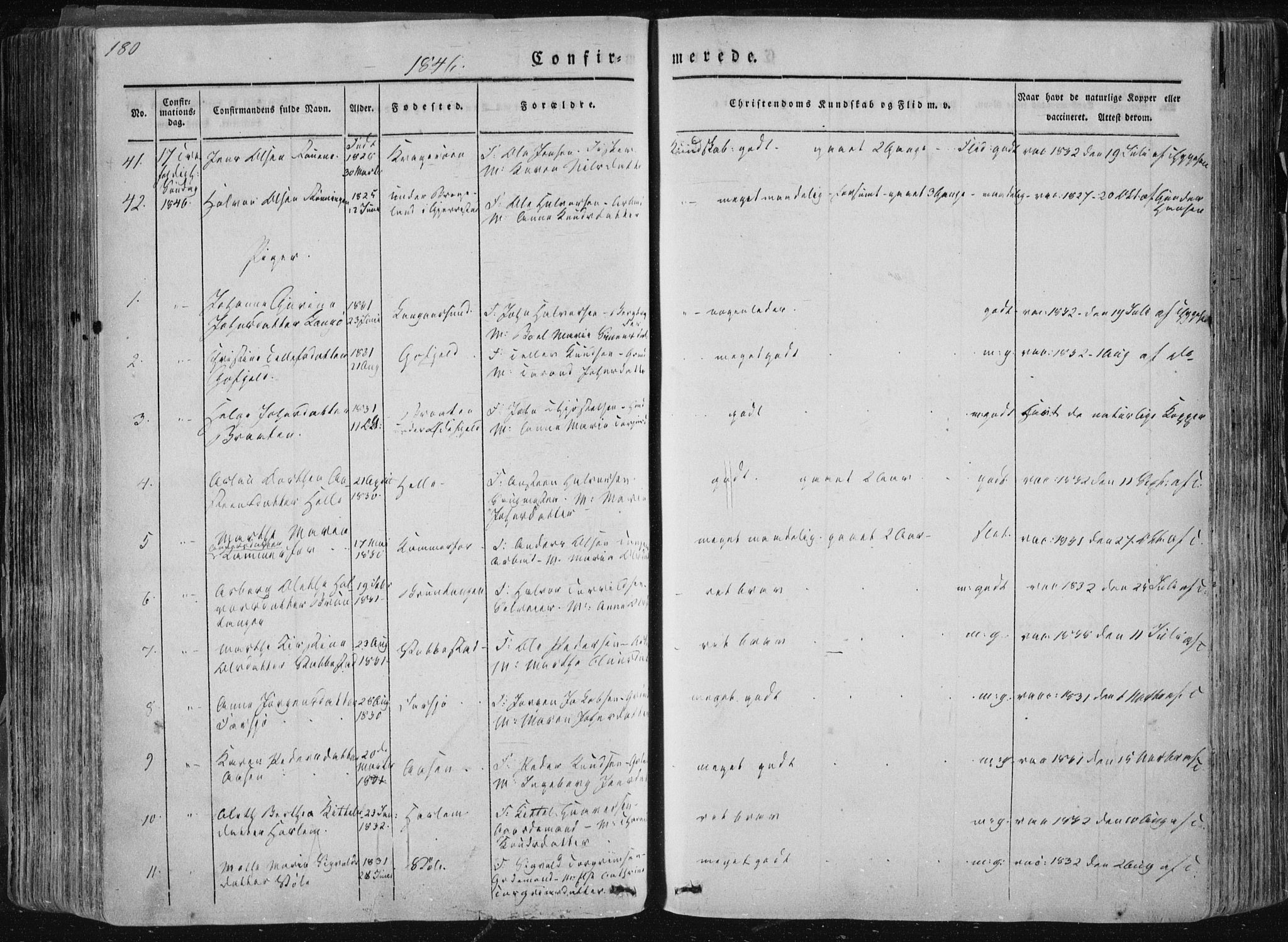 Sannidal kirkebøker, AV/SAKO-A-296/F/Fa/L0007: Parish register (official) no. 7, 1831-1854, p. 180