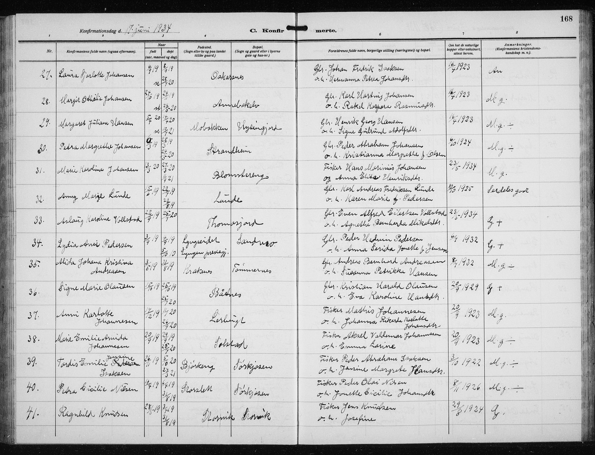 Skjervøy sokneprestkontor, AV/SATØ-S-1300/H/Ha/Hab/L0023klokker: Parish register (copy) no. 23, 1927-1943, p. 168