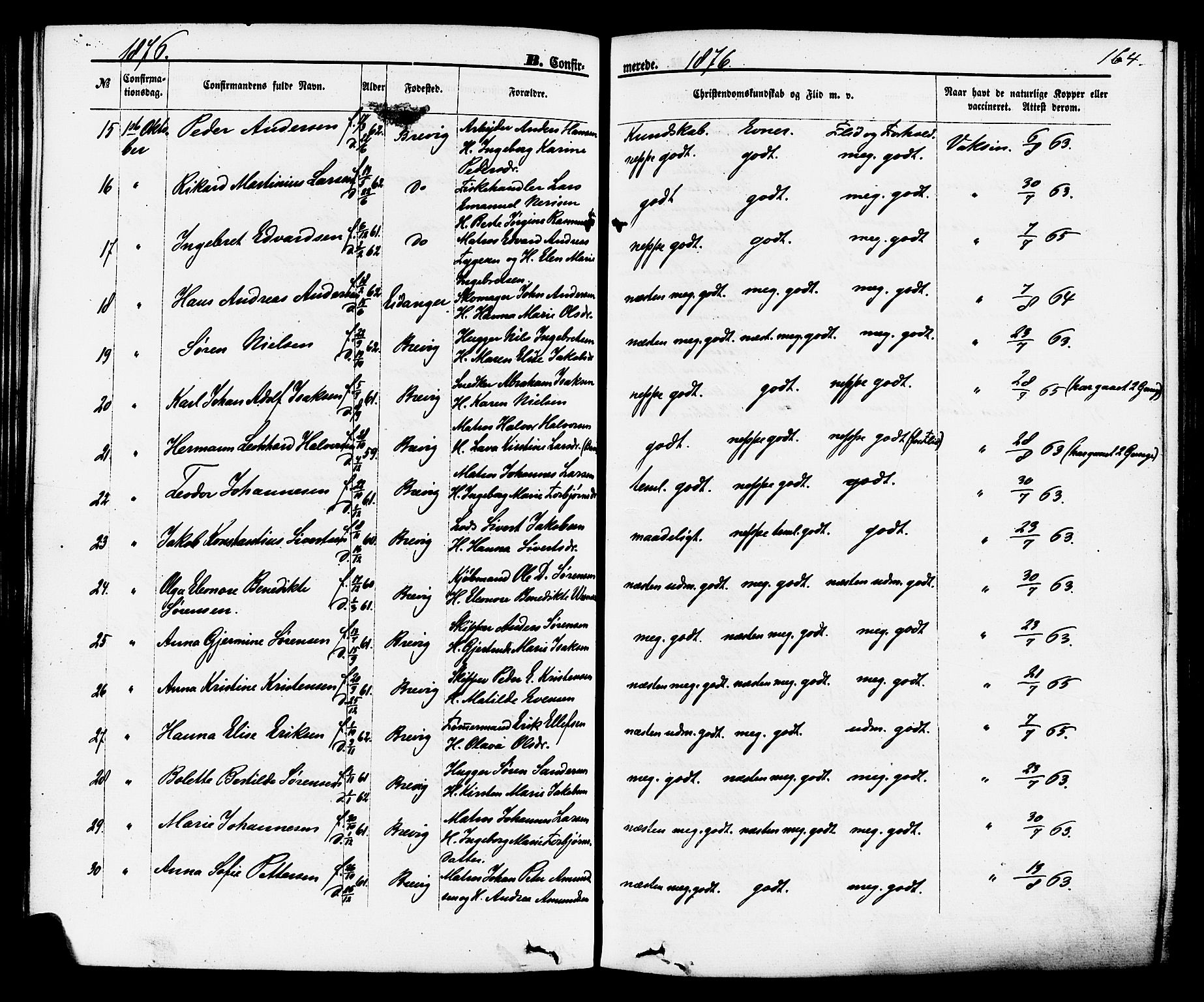 Brevik kirkebøker, SAKO/A-255/F/Fa/L0006: Parish register (official) no. 6, 1866-1881, p. 164