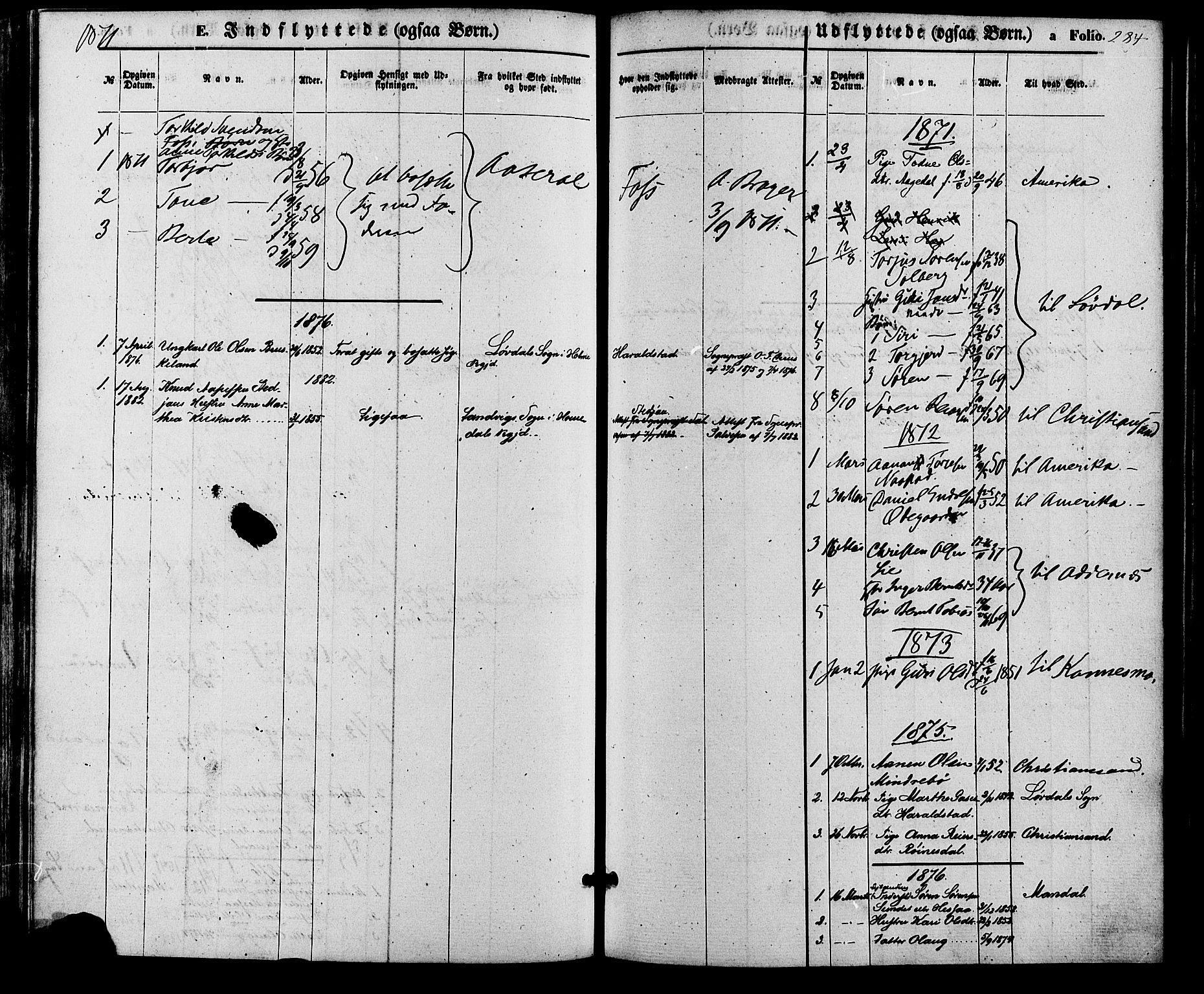 Bjelland sokneprestkontor, SAK/1111-0005/F/Fa/Faa/L0003: Parish register (official) no. A 3, 1867-1887, p. 284