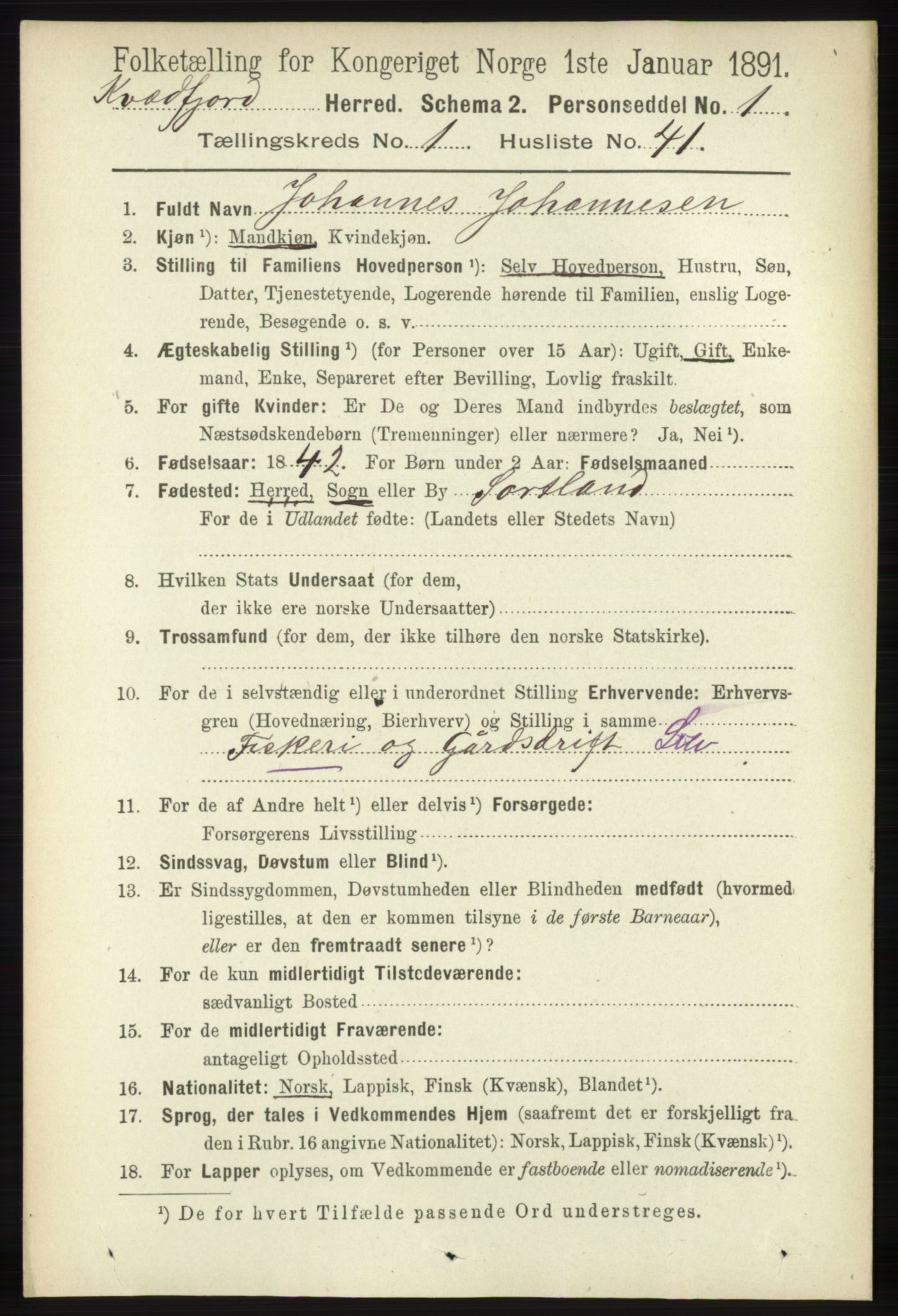 RA, 1891 census for 1911 Kvæfjord, 1891, p. 352