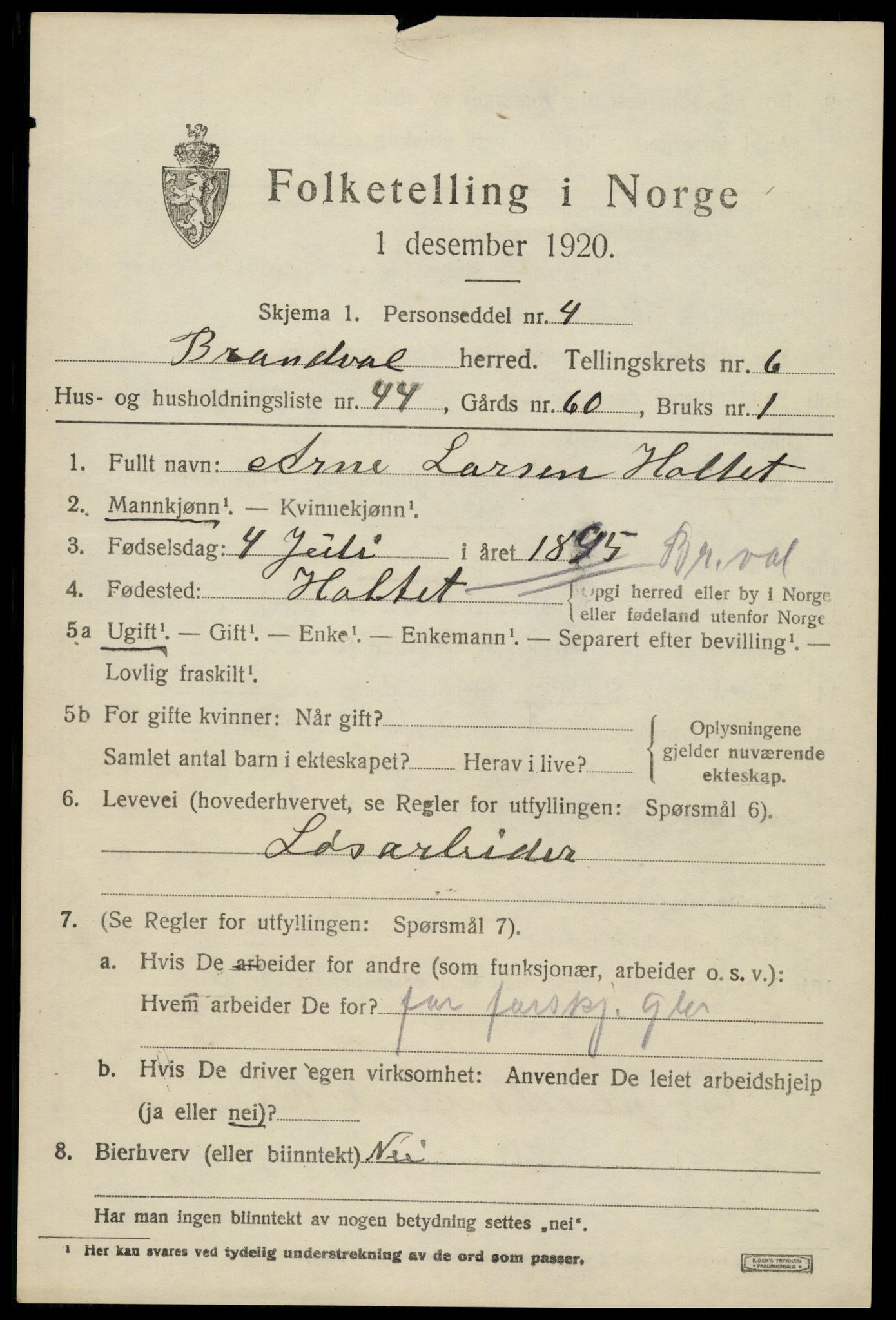 SAH, 1920 census for Brandval, 1920, p. 5770