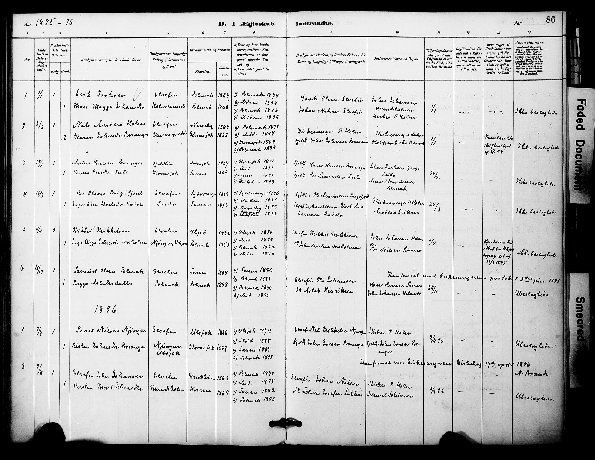 Nesseby sokneprestkontor, AV/SATØ-S-1330/H/Ha/L0005kirke: Parish register (official) no. 5, 1885-1906, p. 86