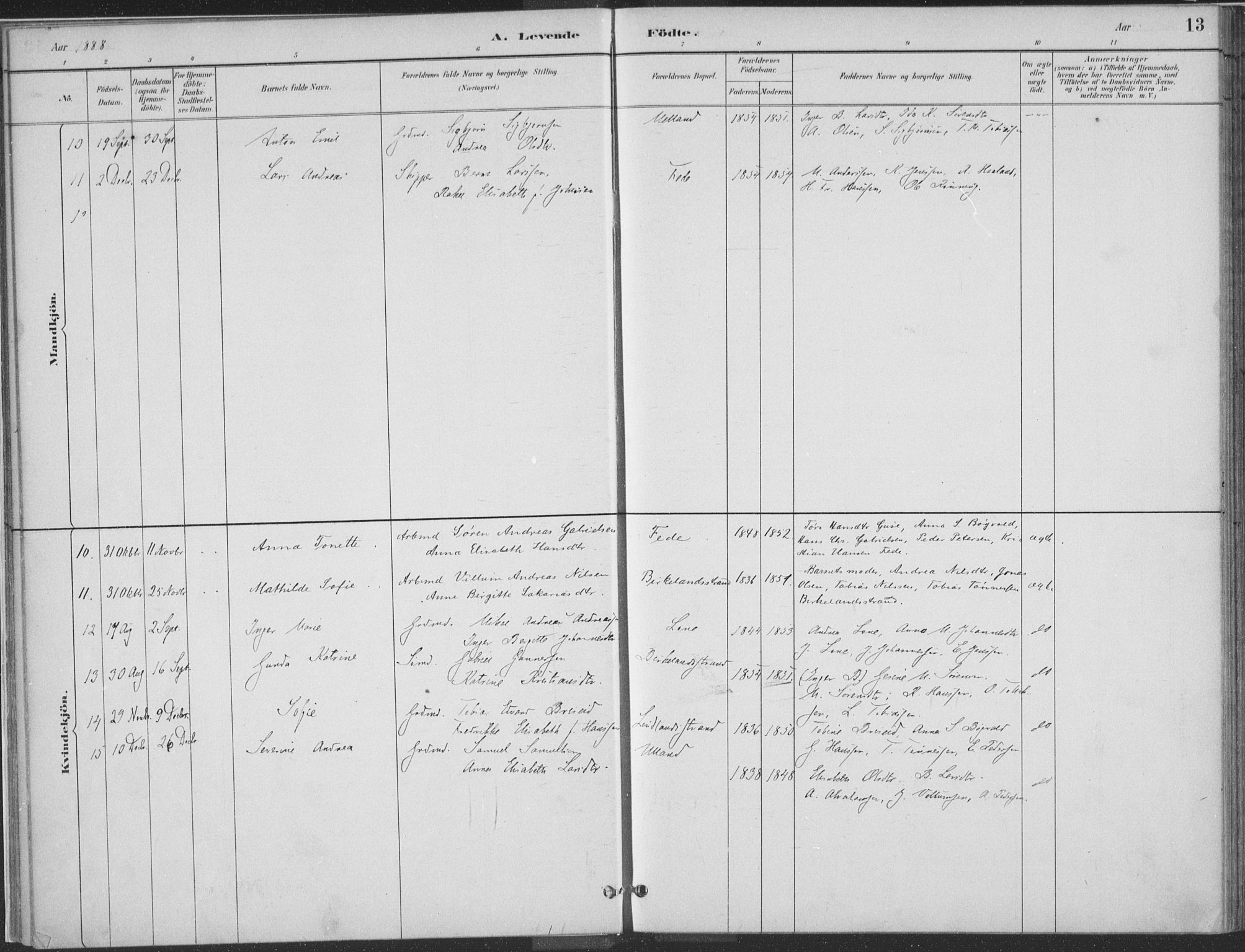 Kvinesdal sokneprestkontor, SAK/1111-0026/F/Fa/Faa/L0004: Parish register (official) no. A 4, 1882-1897, p. 13