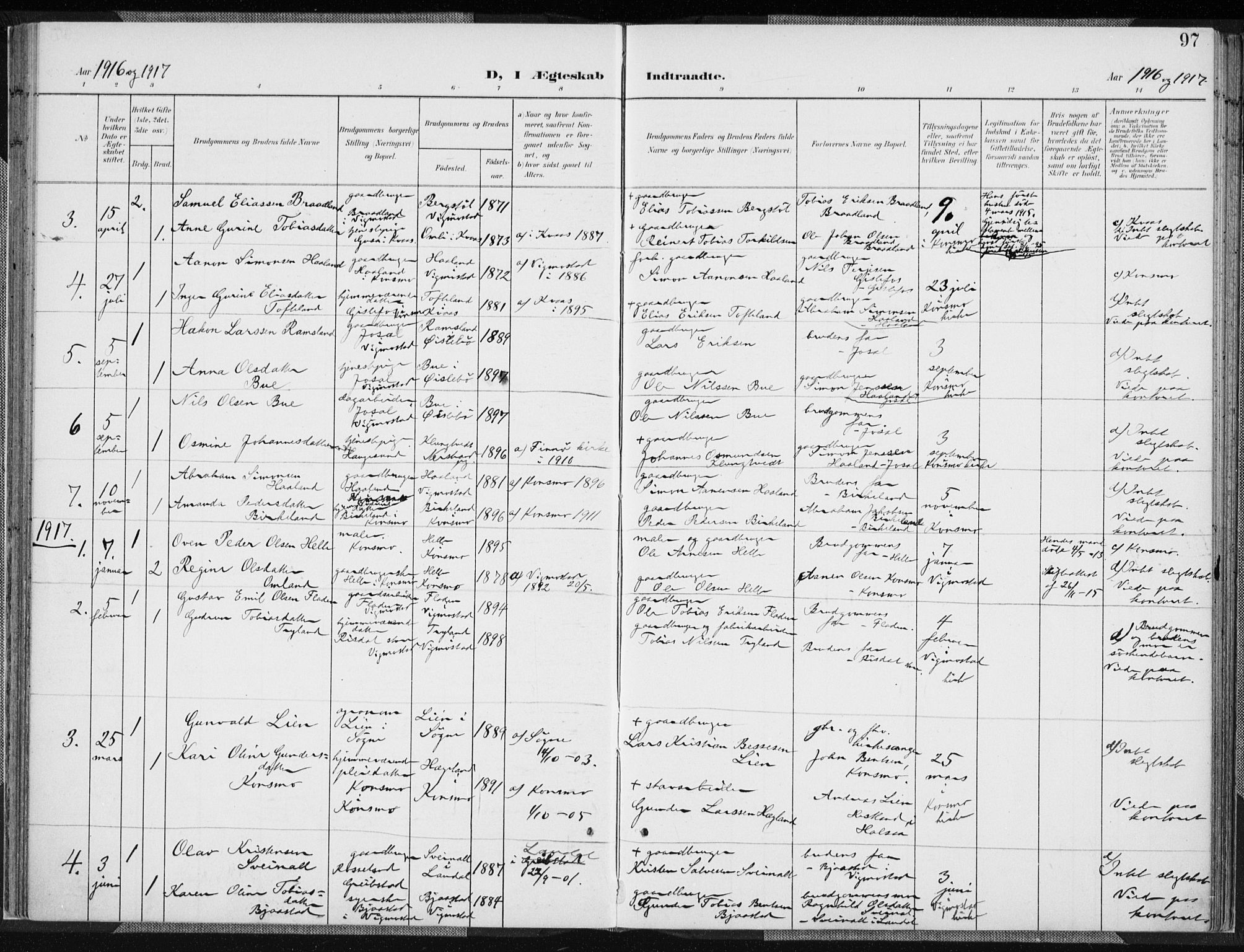 Nord-Audnedal sokneprestkontor, AV/SAK-1111-0032/F/Fa/Fab/L0004: Parish register (official) no. A 4, 1901-1917, p. 97