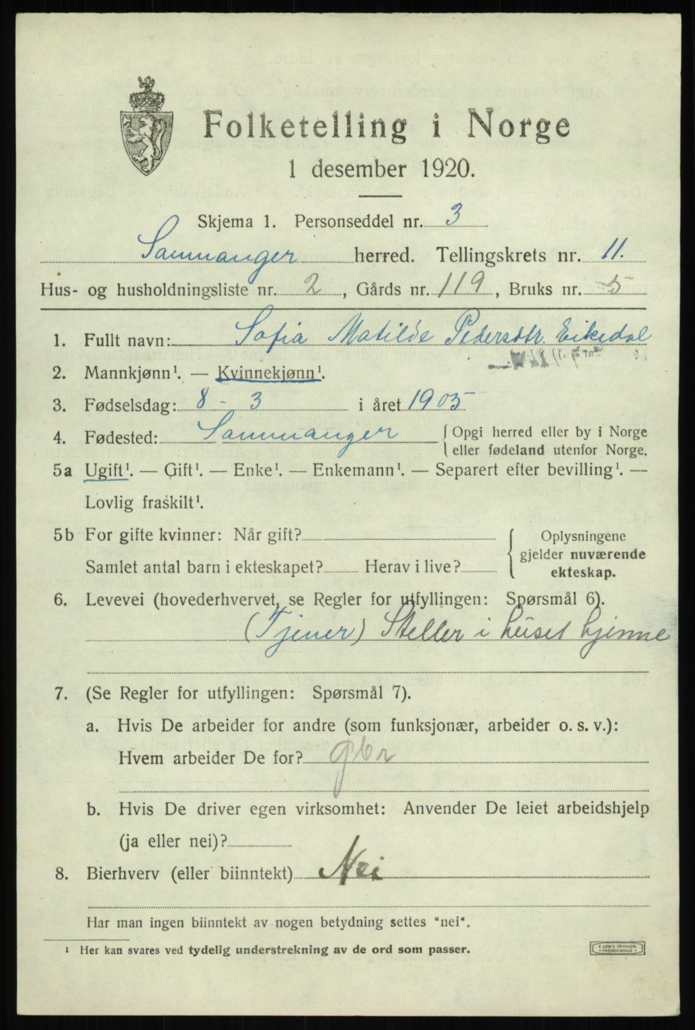 SAB, 1920 census for Samnanger, 1920, p. 4227