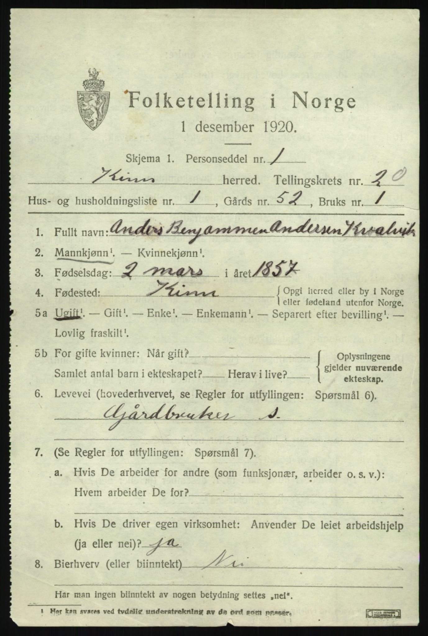 SAB, 1920 census for Kinn, 1920, p. 7153