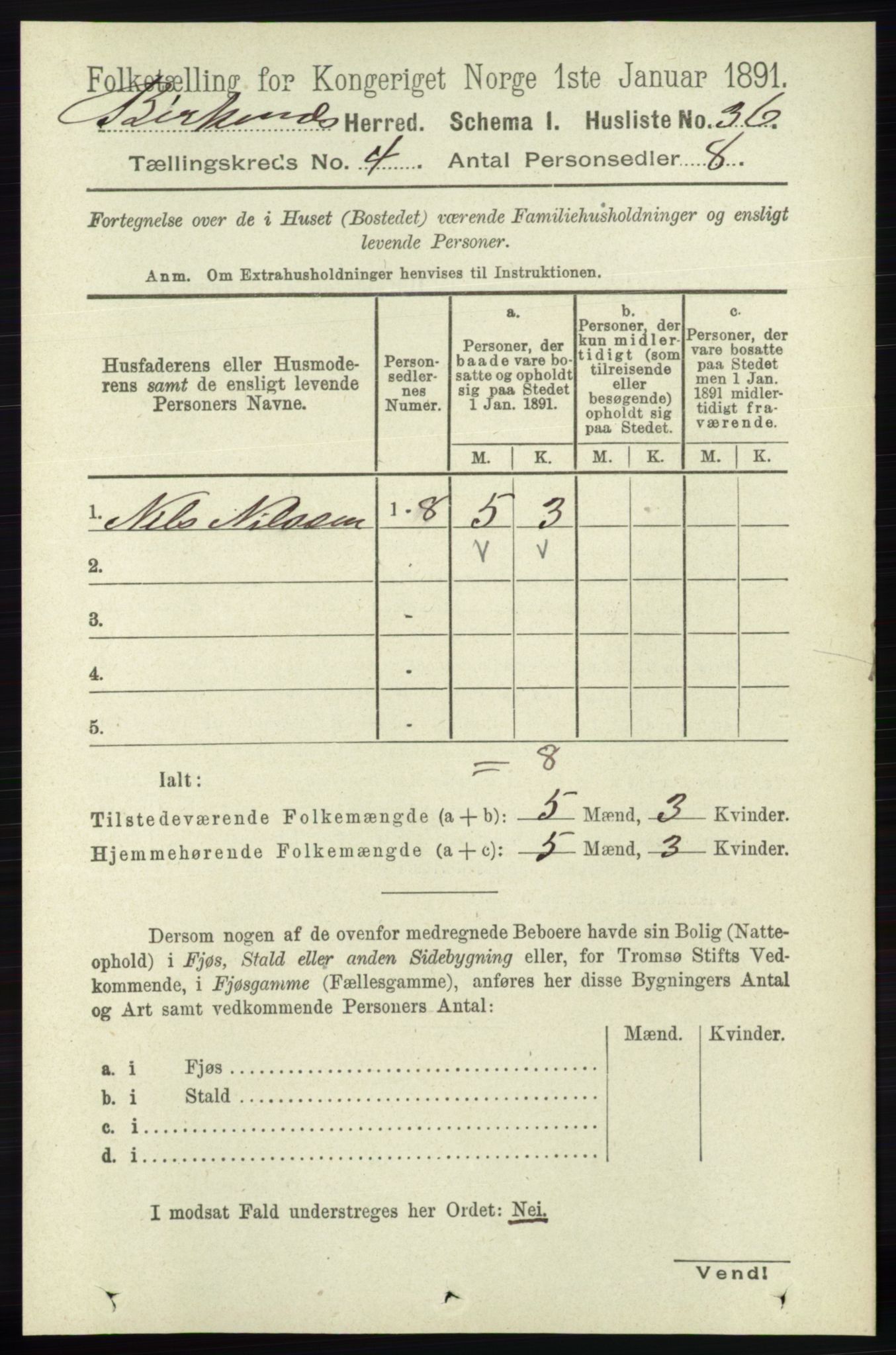 RA, 1891 Census for 0928 Birkenes, 1891, p. 1237