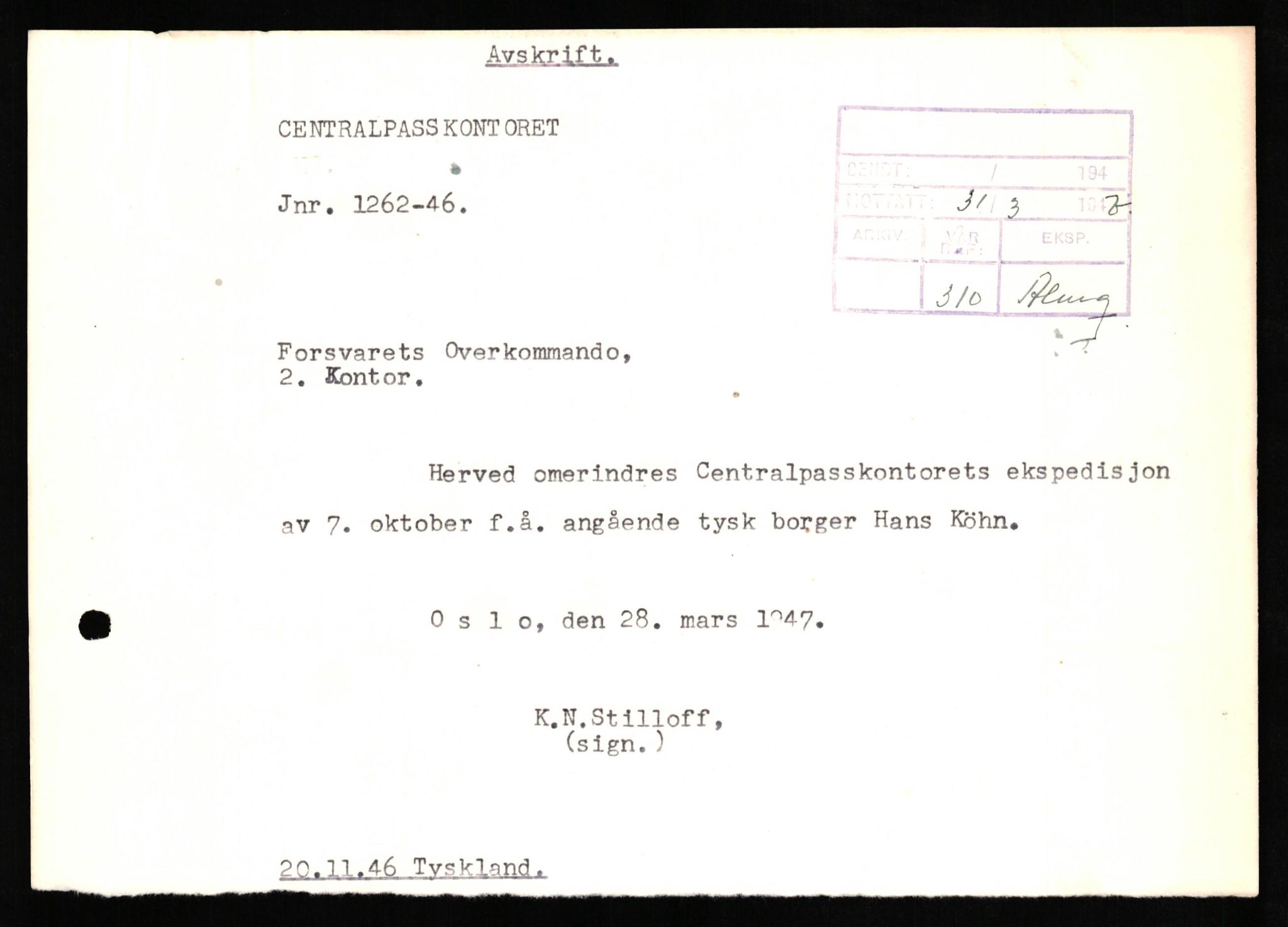 Forsvaret, Forsvarets overkommando II, AV/RA-RAFA-3915/D/Db/L0019: CI Questionaires. Tyske okkupasjonsstyrker i Norge. Tyskere., 1945-1946, p. 215