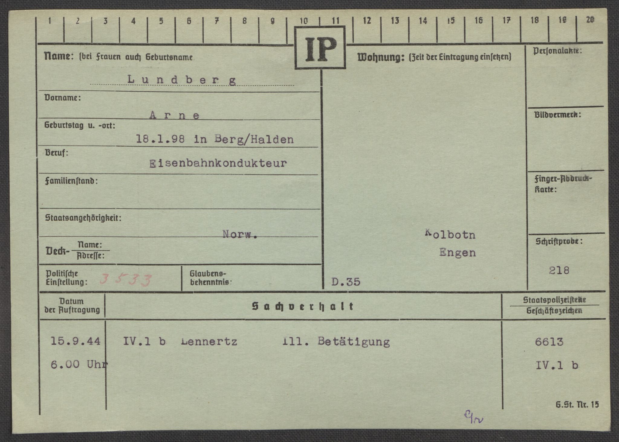 Befehlshaber der Sicherheitspolizei und des SD, RA/RAFA-5969/E/Ea/Eaa/L0007: Register over norske fanger i Møllergata 19: Lundb-N, 1940-1945, p. 2