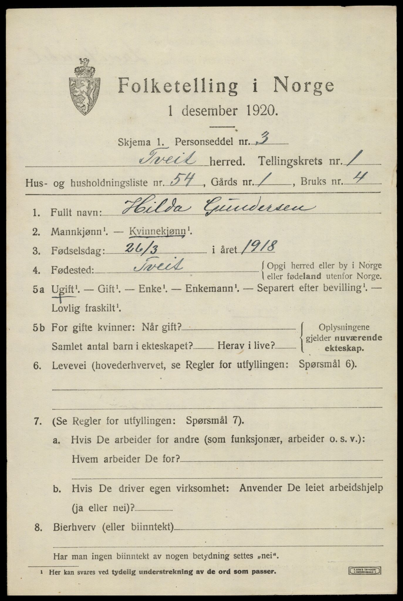 SAK, 1920 census for Tveit, 1920, p. 1216