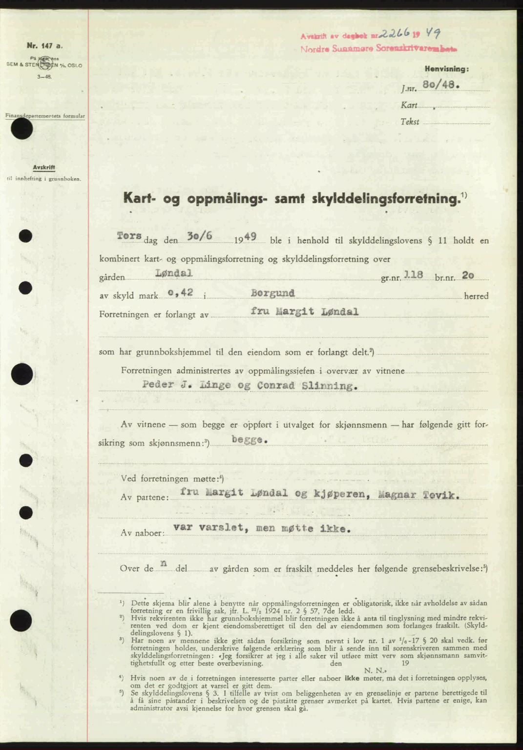 Nordre Sunnmøre sorenskriveri, AV/SAT-A-0006/1/2/2C/2Ca: Mortgage book no. A32, 1949-1949, Diary no: : 2266/1949