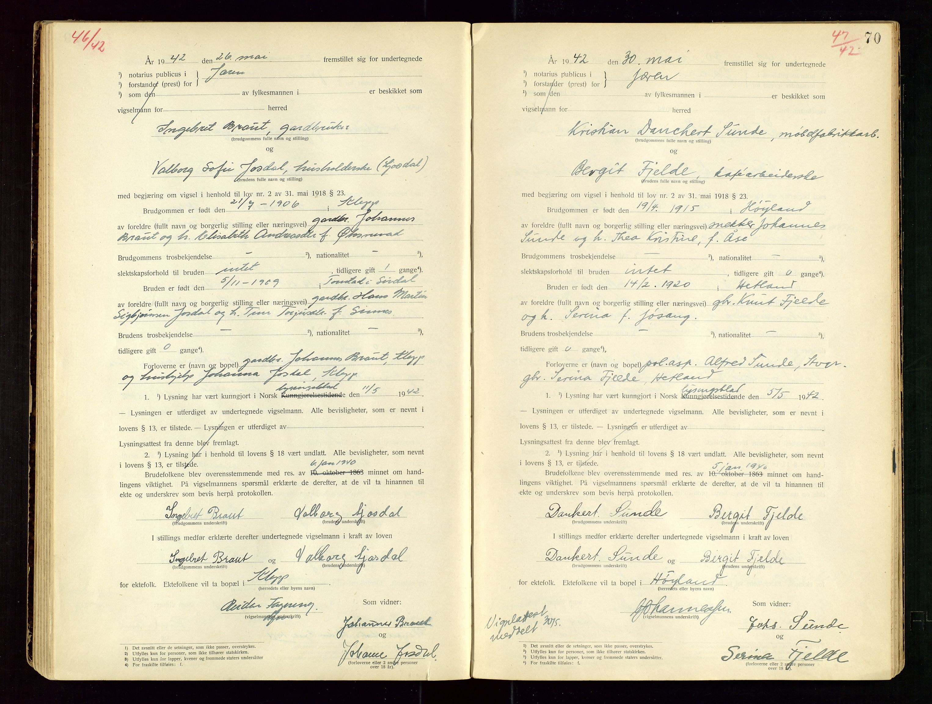Jæren sorenskriveri, AV/SAST-A-100310/01/6/62/62BA/L0002: VIGSELSPROTOKOLL, 1937-1942, p. 70