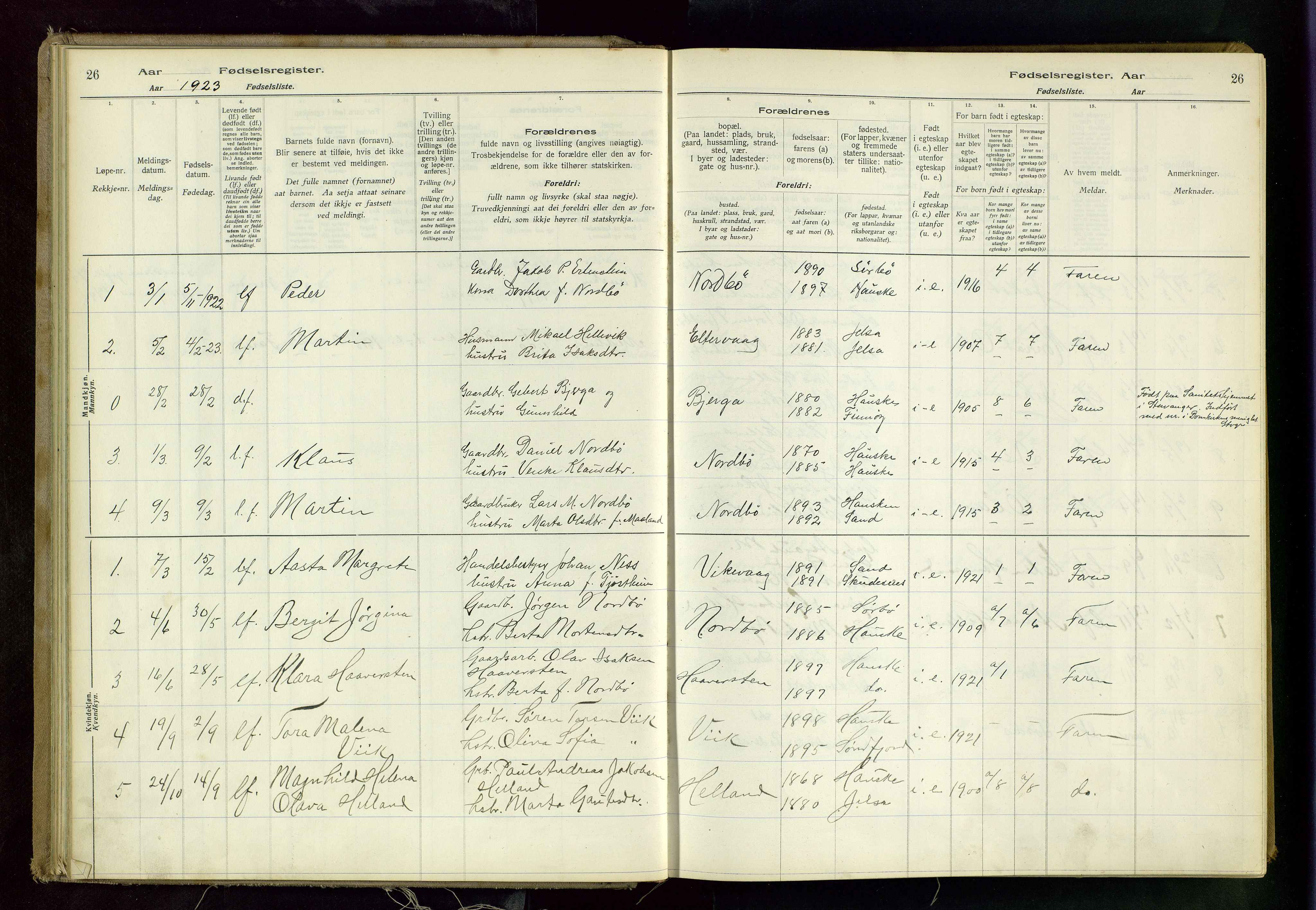 Rennesøy sokneprestkontor, SAST/A -101827/I/Id/L0001: Birth register no. 1, 1916-1982, p. 26