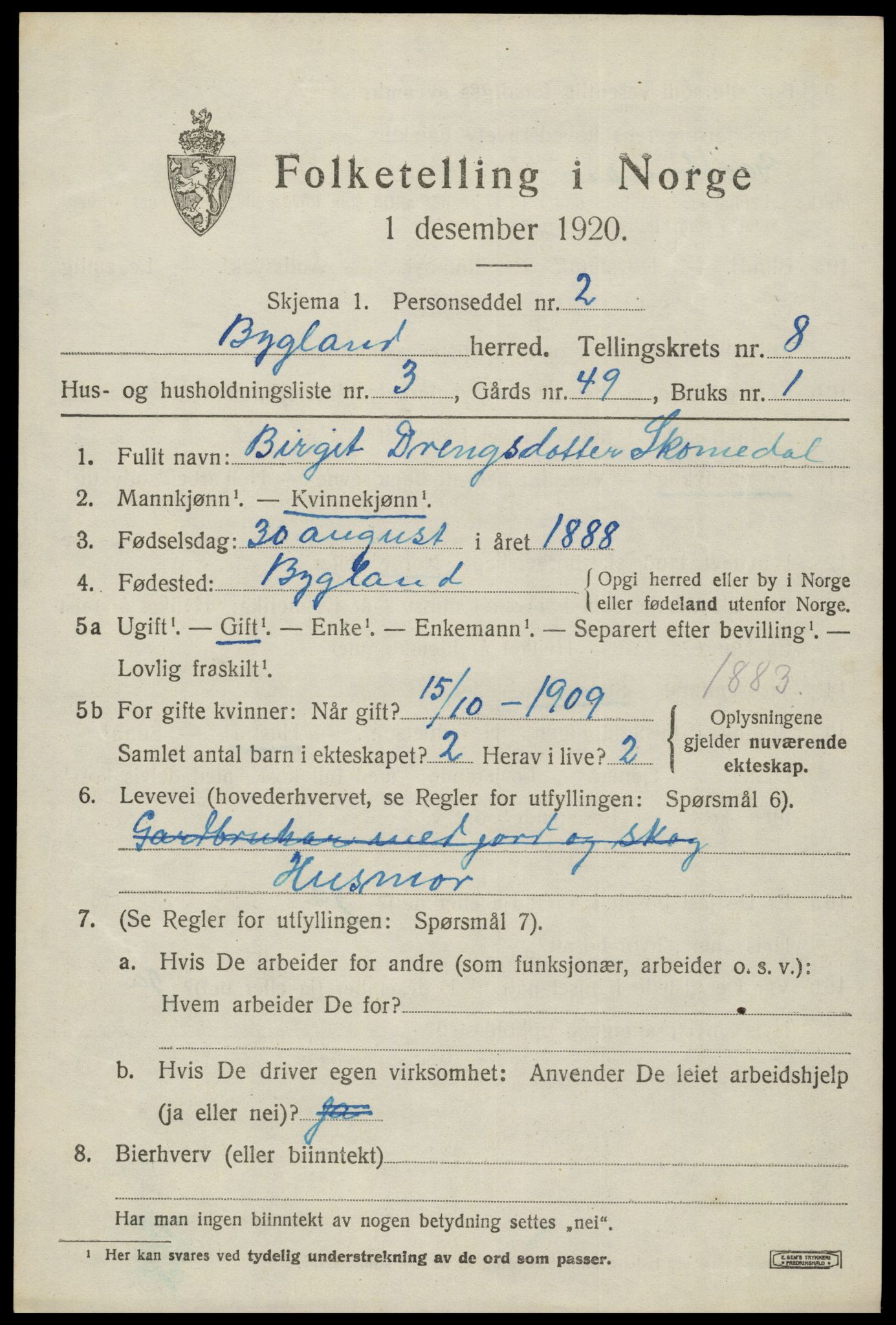 SAK, 1920 census for Bygland, 1920, p. 2811