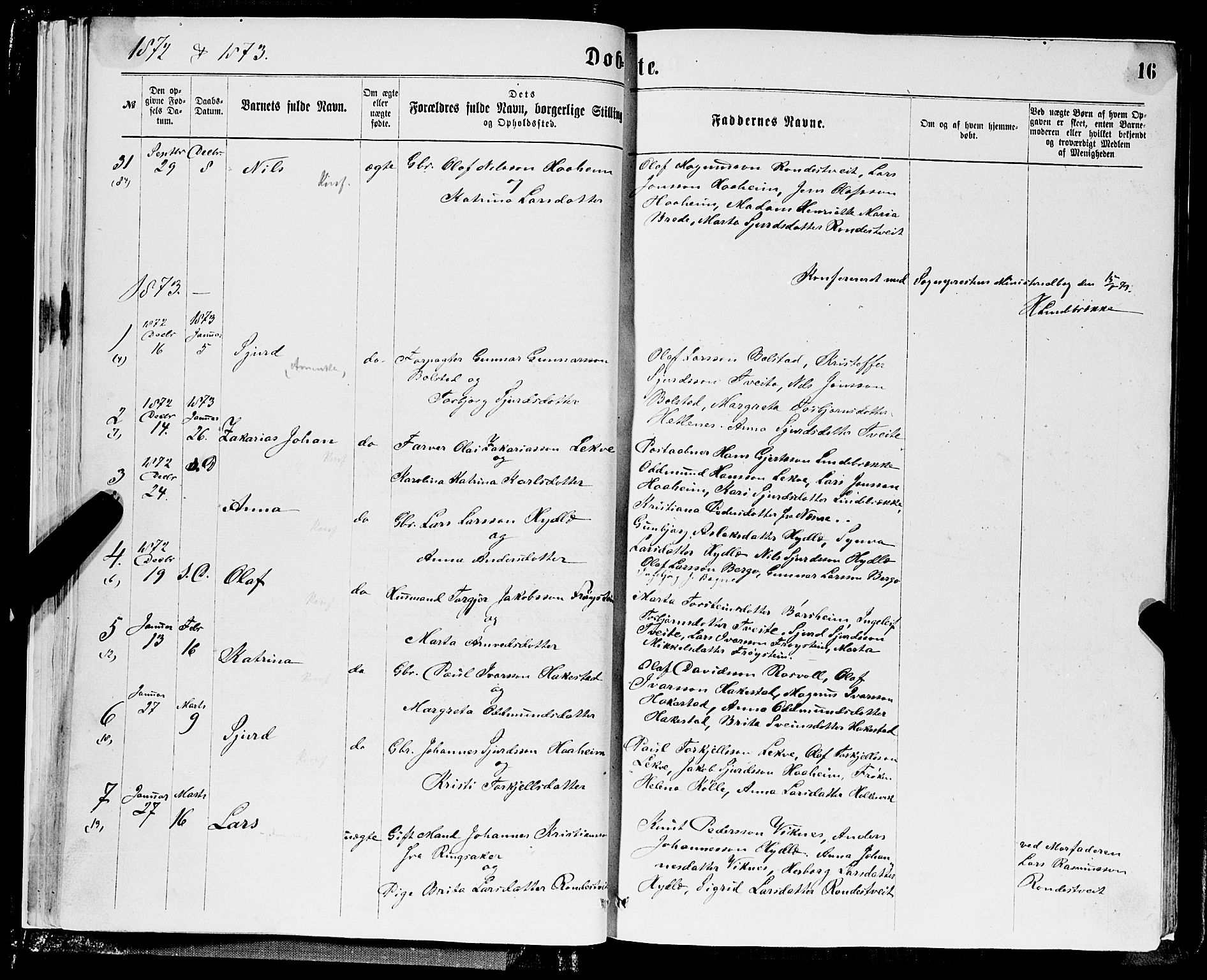 Ulvik sokneprestembete, SAB/A-78801/H/Hab: Parish register (copy) no. A 2, 1869-1882, p. 16