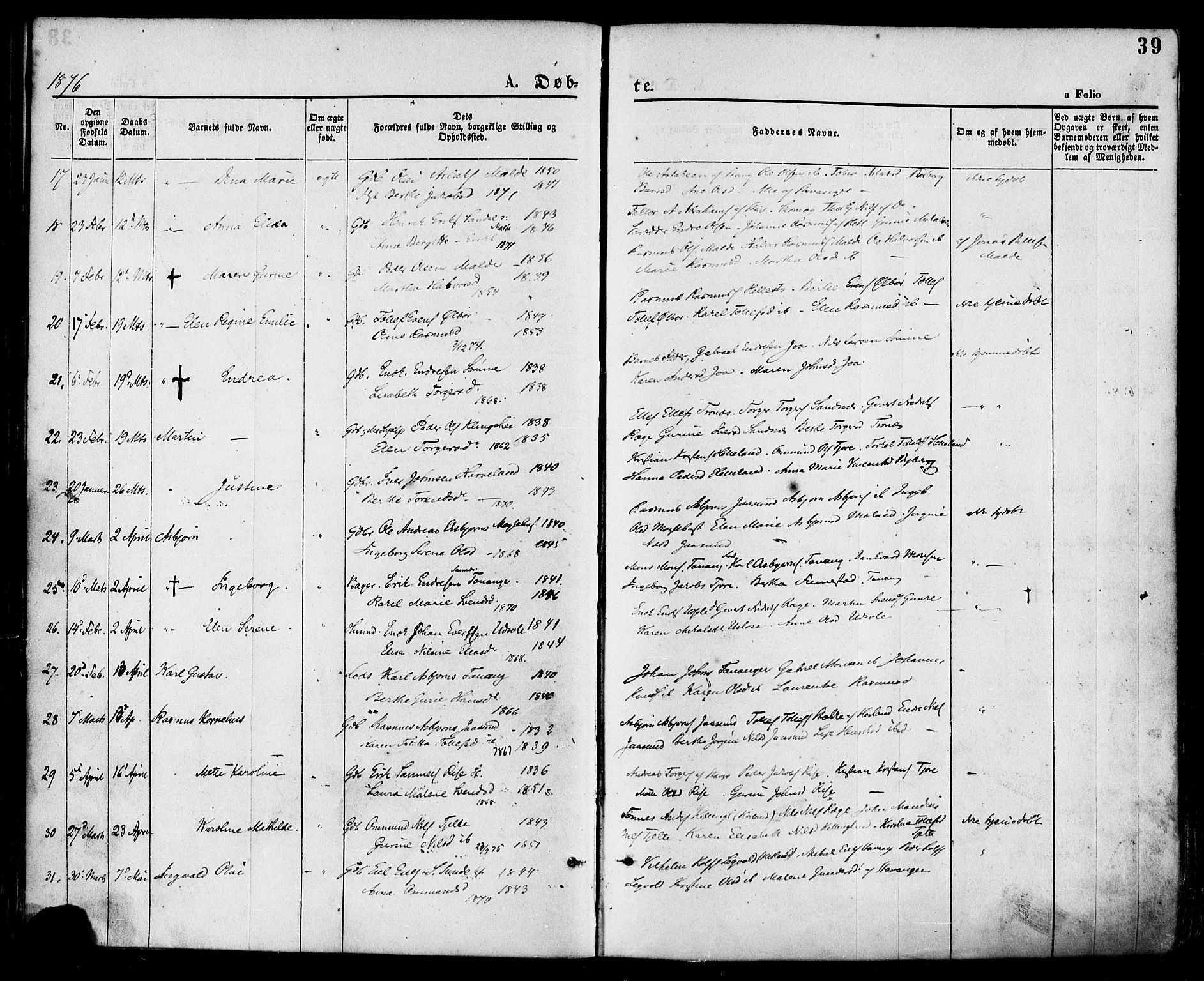 Håland sokneprestkontor, AV/SAST-A-101802/001/30BA/L0009: Parish register (official) no. A 8, 1871-1882, p. 39