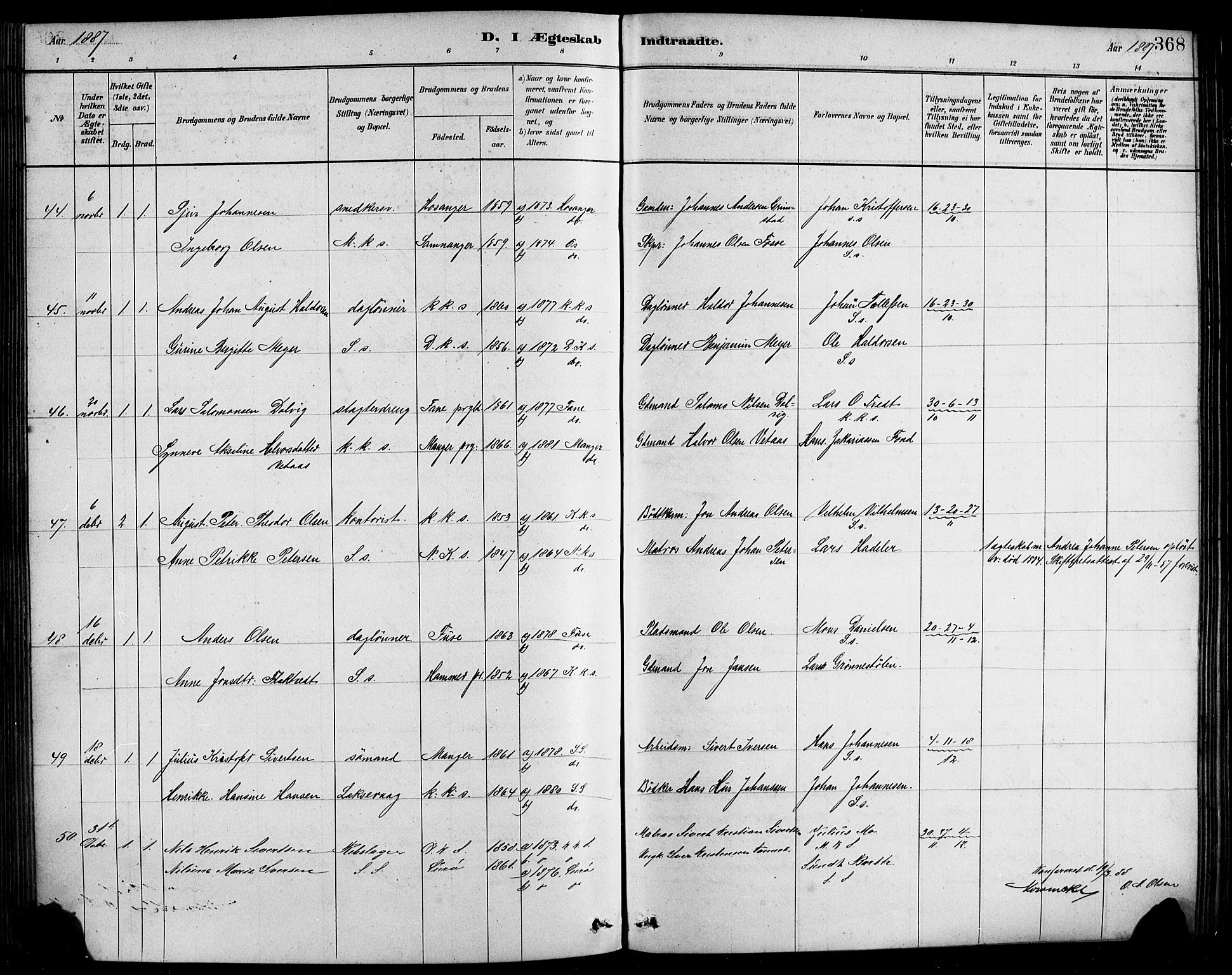 Sandviken Sokneprestembete, AV/SAB-A-77601/H/Hb/L0001: Parish register (copy) no. A 2, 1879-1892, p. 368