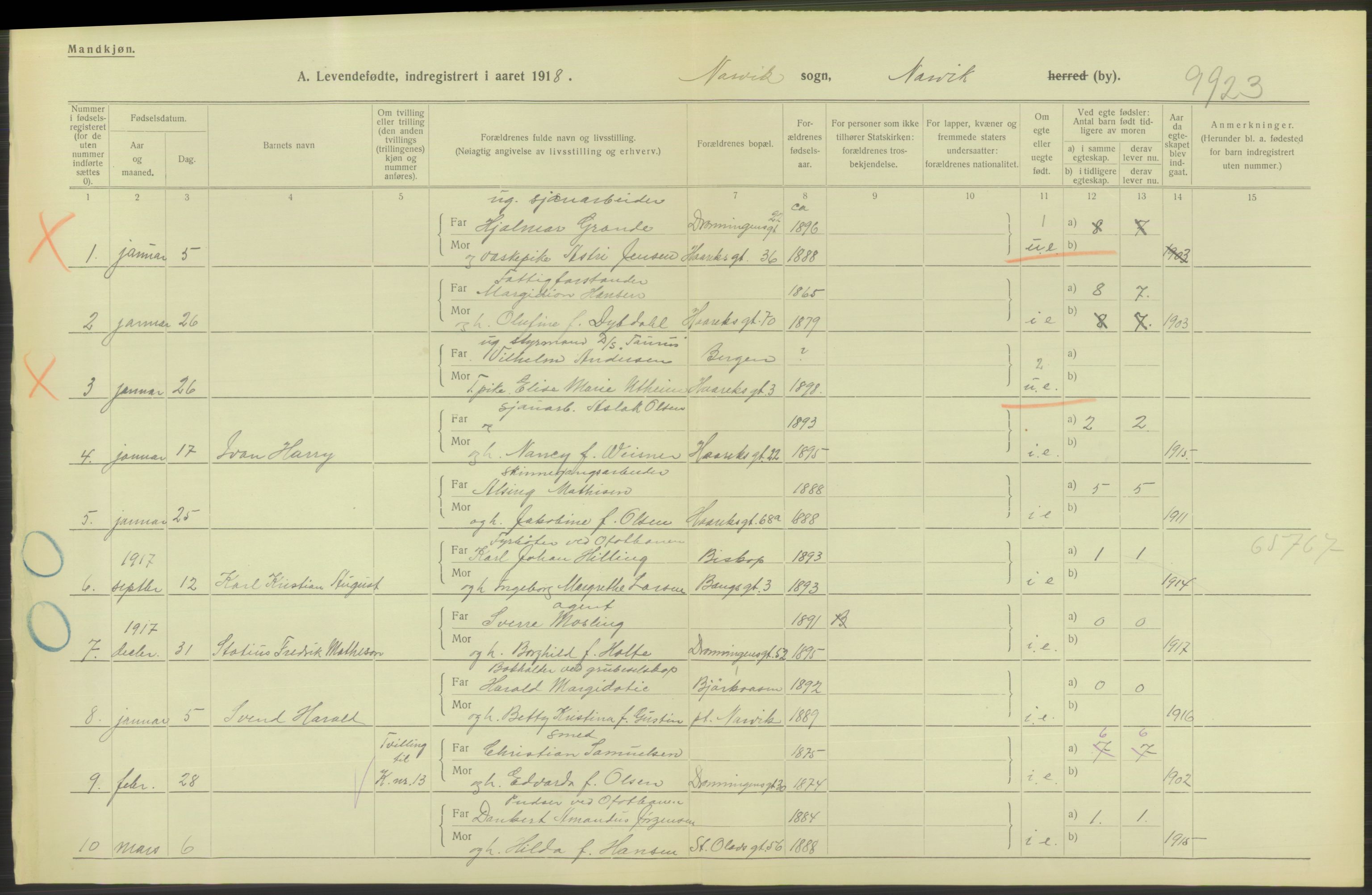 Statistisk sentralbyrå, Sosiodemografiske emner, Befolkning, RA/S-2228/D/Df/Dfb/Dfbh/L0053: Nordland fylke: Levendefødte menn og kvinner. Bygder og byer., 1918, p. 388