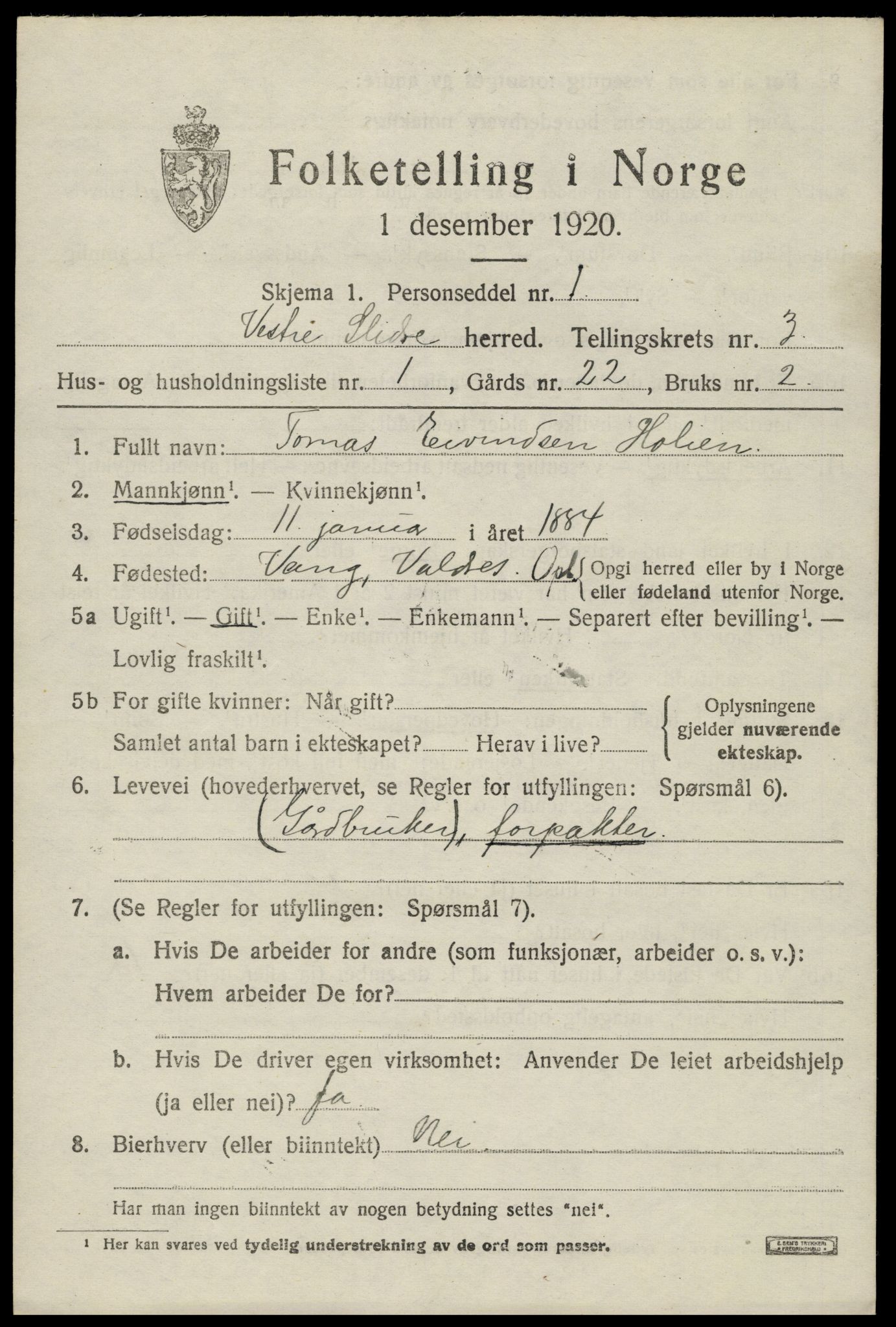 SAH, 1920 census for Vestre Slidre, 1920, p. 1622