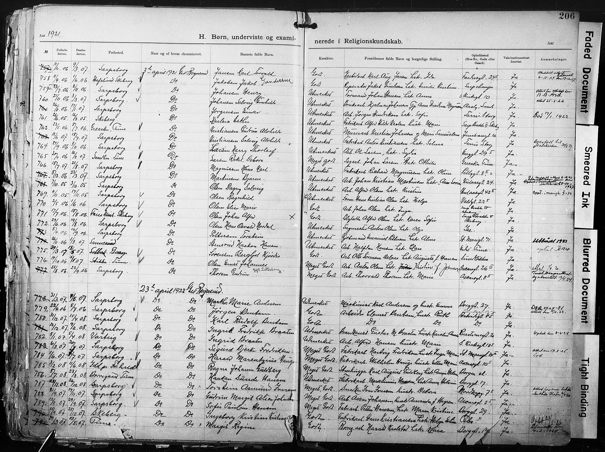 Sarpsborg metodistkirke, AV/SAO-PAO-0233/A/L0004: Dissenter register no. 4, 1892-1923, p. 206