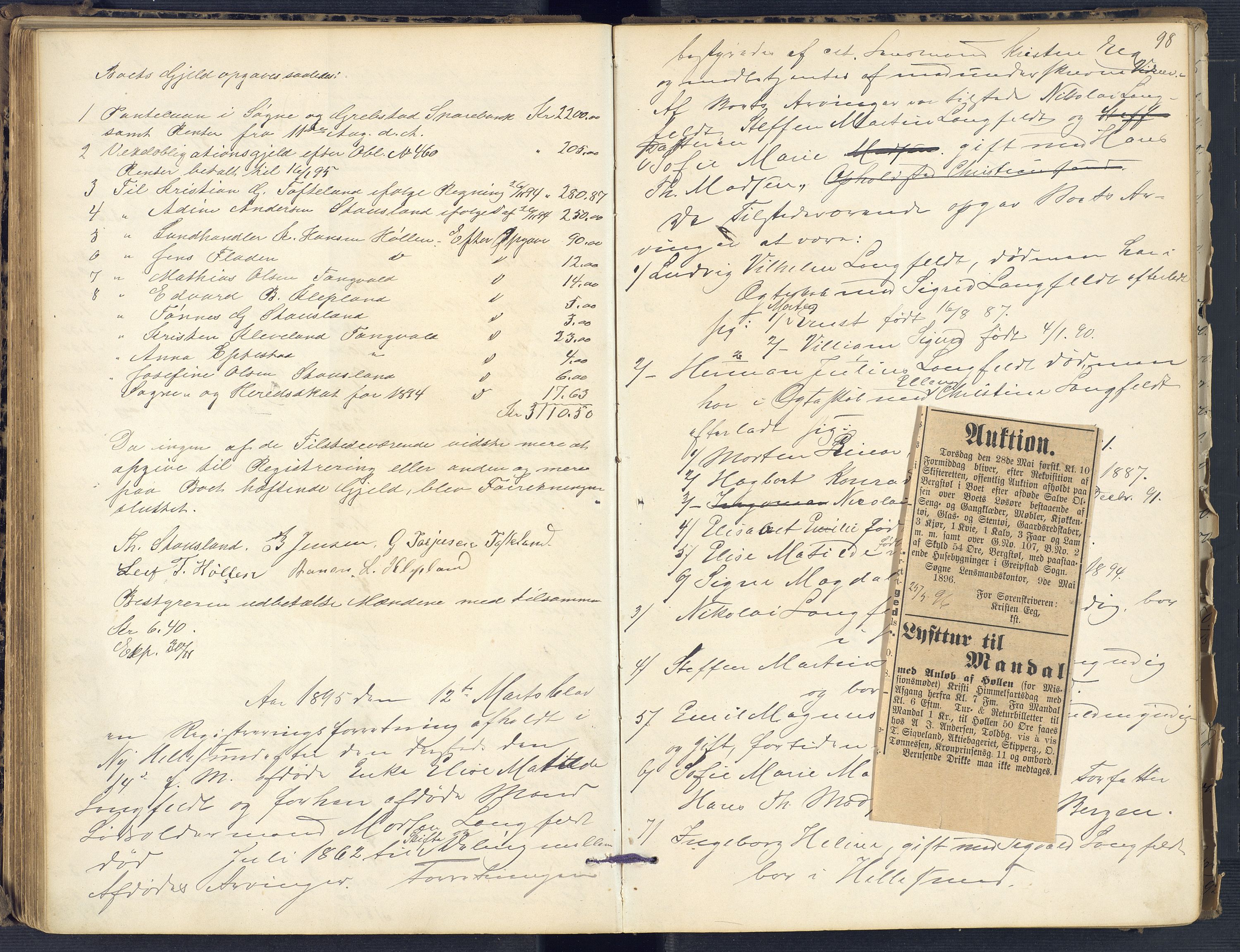 Torridal sorenskriveri, SAK/1221-0012/H/Hc/L0011: Skifteregistreringsprotokoll Søgne og Greipstad lensmannsdistrikt nr. 1, 1883-1903, p. 98