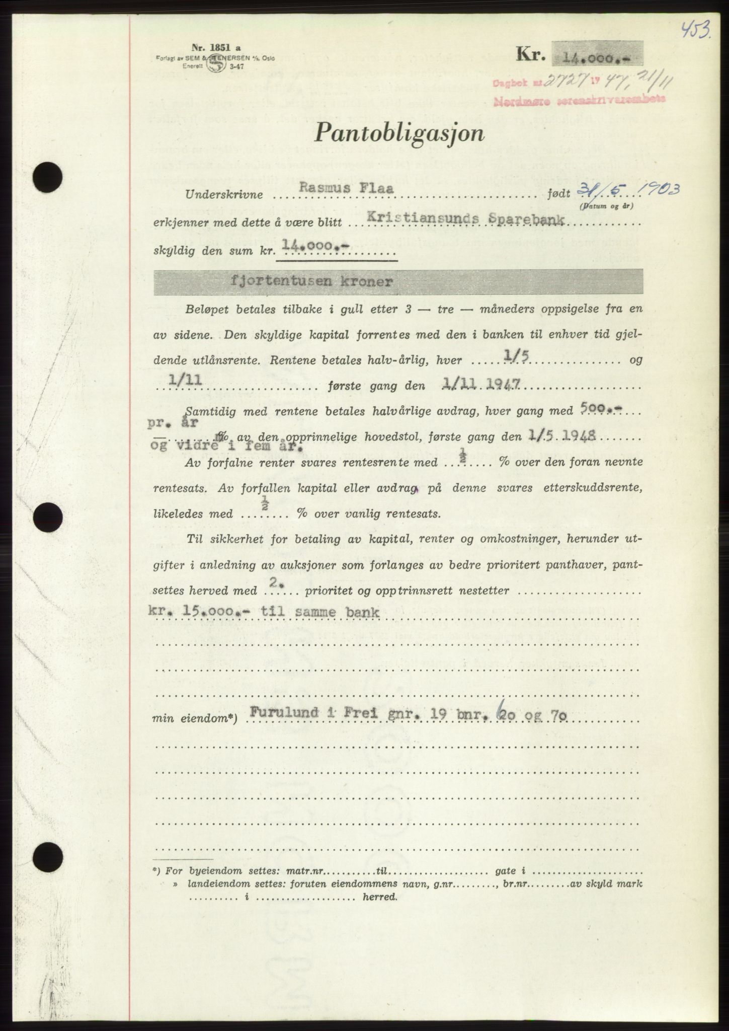 Nordmøre sorenskriveri, AV/SAT-A-4132/1/2/2Ca: Mortgage book no. B97, 1947-1948, Diary no: : 2727/1947