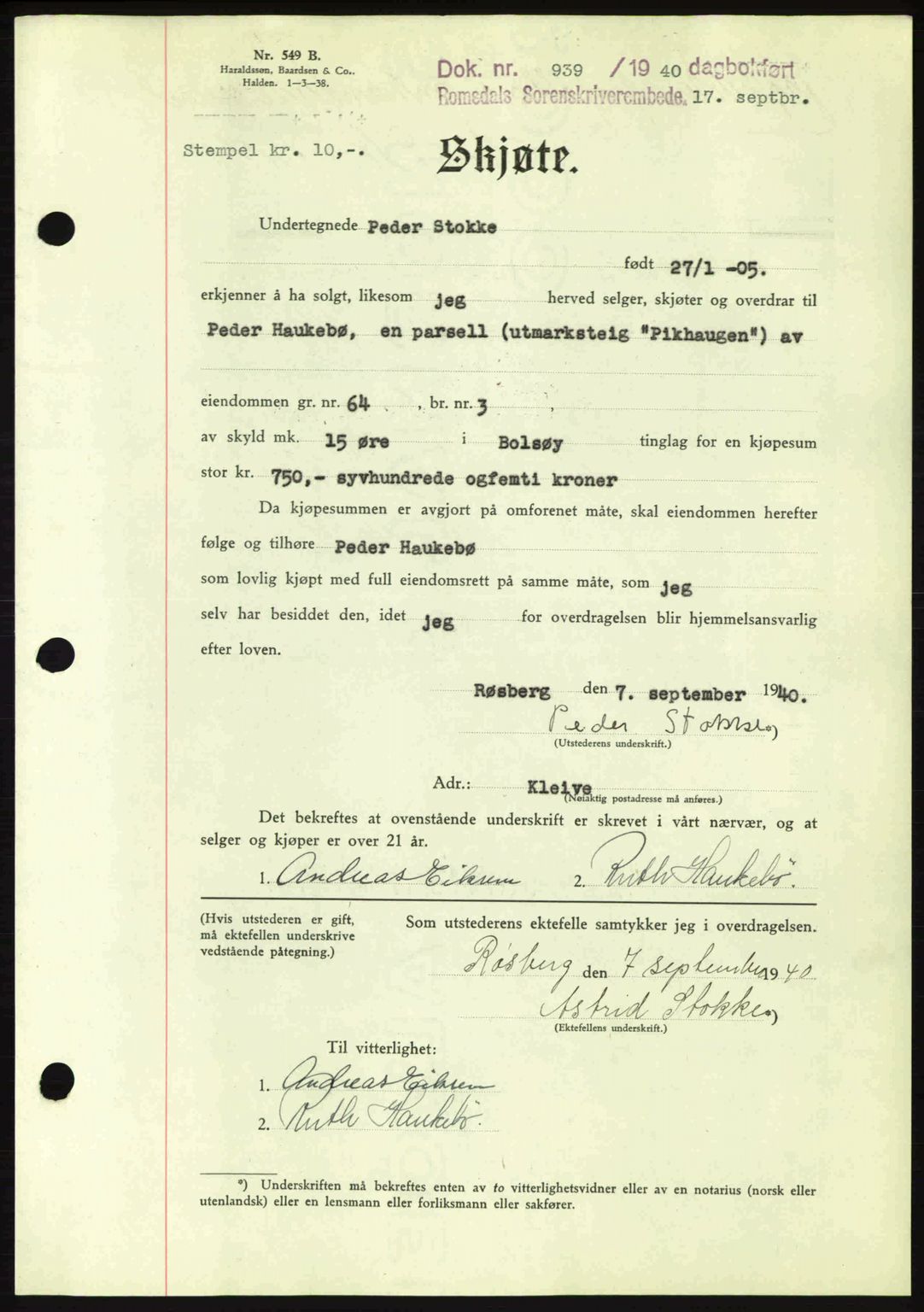 Romsdal sorenskriveri, AV/SAT-A-4149/1/2/2C: Mortgage book no. A8, 1939-1940, Diary no: : 939/1940