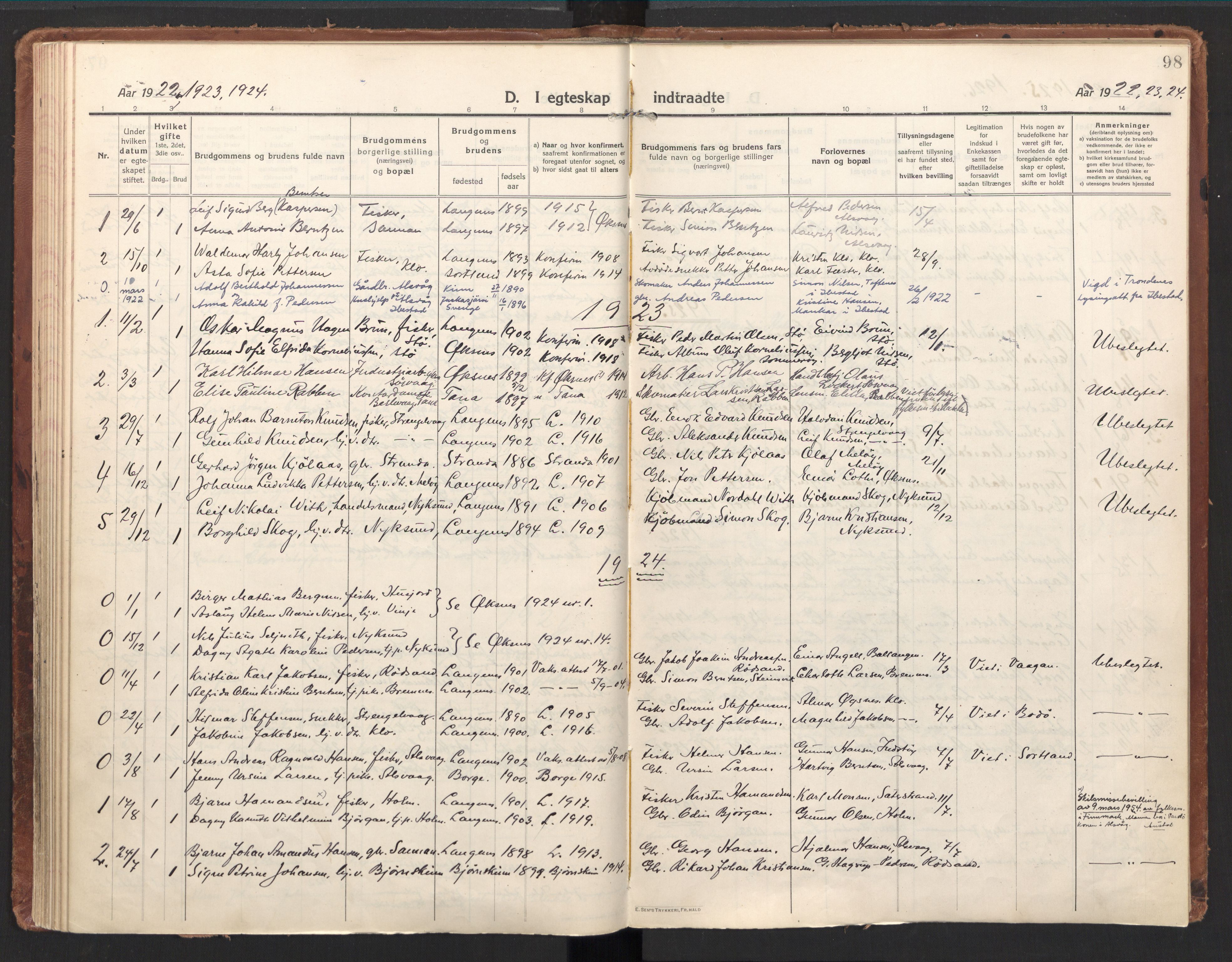 Ministerialprotokoller, klokkerbøker og fødselsregistre - Nordland, SAT/A-1459/894/L1357: Parish register (official) no. 894A03, 1913-1934, p. 98
