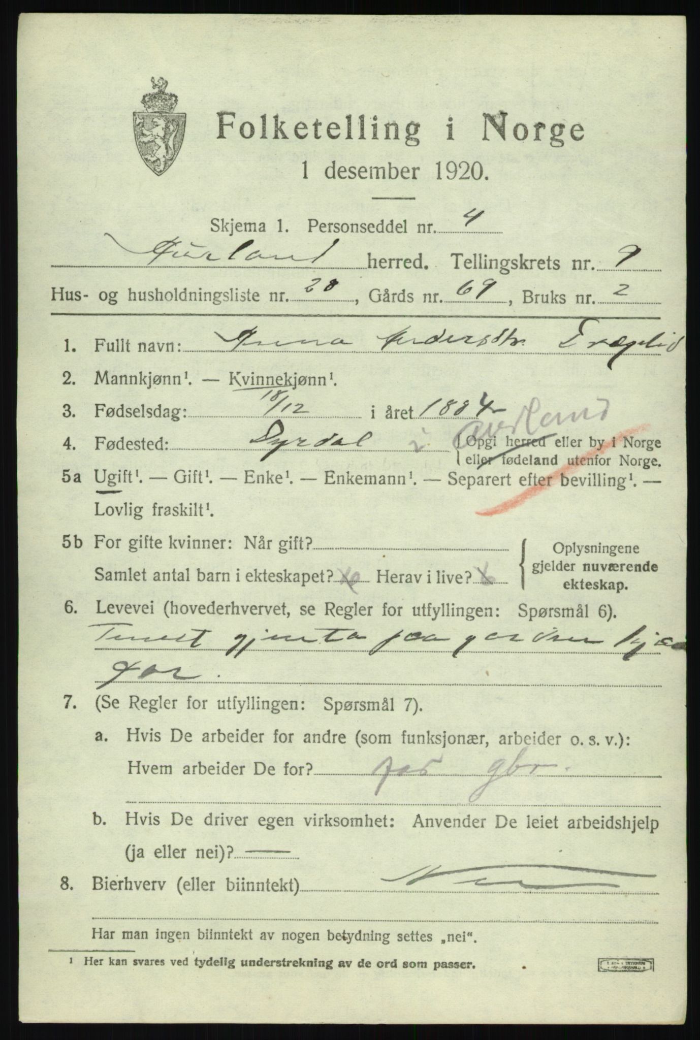 SAB, 1920 census for Aurland, 1920, p. 5024